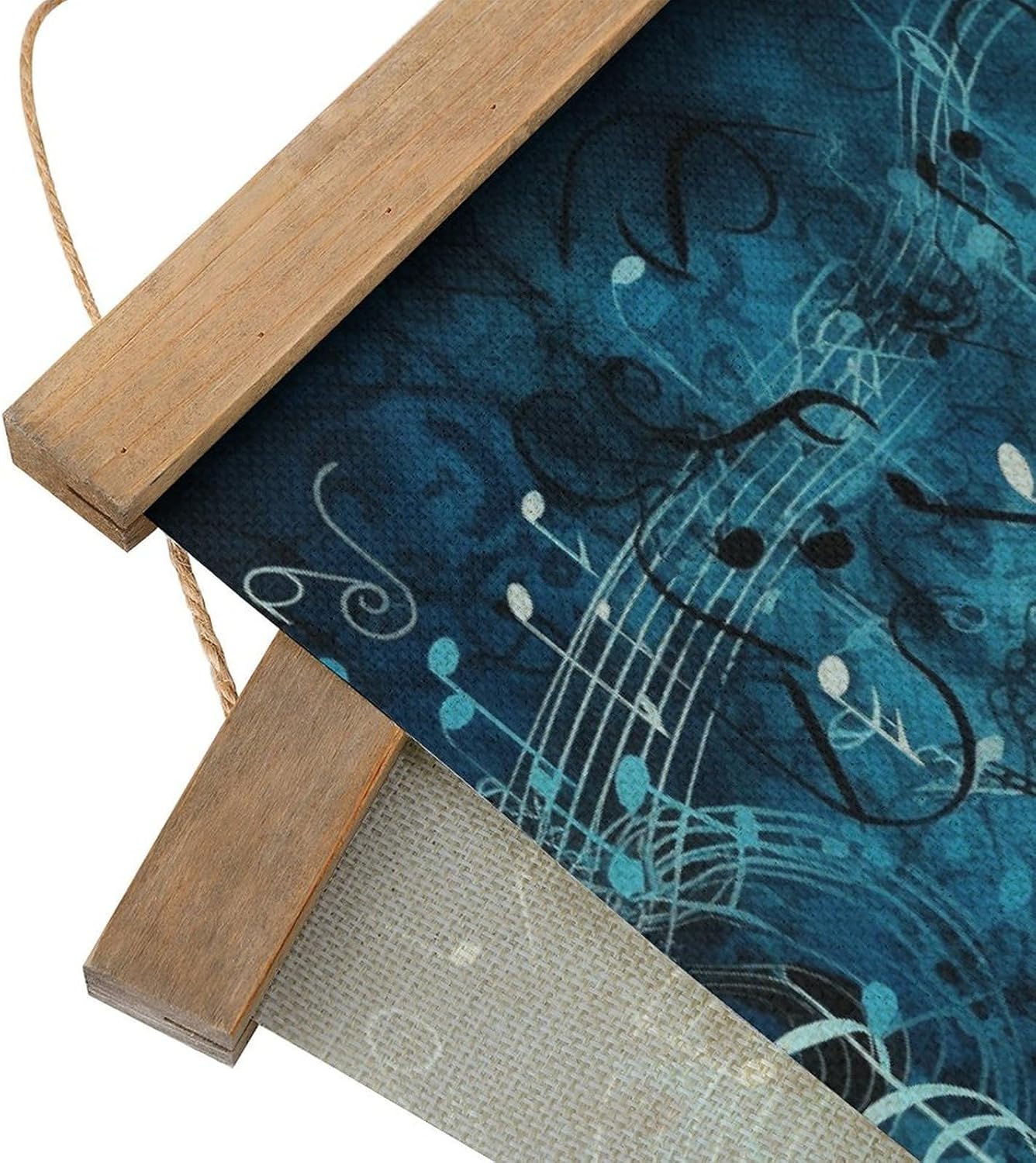 Vintage Blue Musical Notes Poster with Wooden Frame Personalized Linen Hanging Scroll Painting Rustic Wall Hanging Illustrative Modern Artwork Decor for Home Living Room Bedroom Office