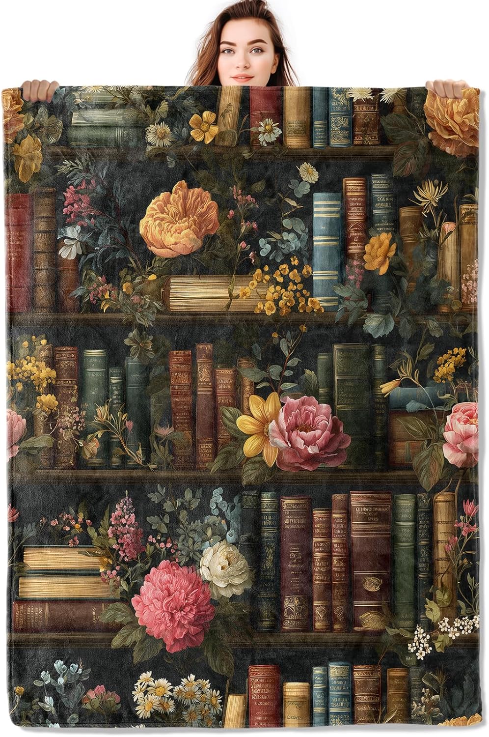 Floral Bookshelf Throw Blanket Soft Lightweight, Retro Book Blankets for Bedroom Living Room Sofa Office, Vintage Classic Flower Cozy Throws, Home Accent and Women Girls Gifts, 50 X 60 Inch