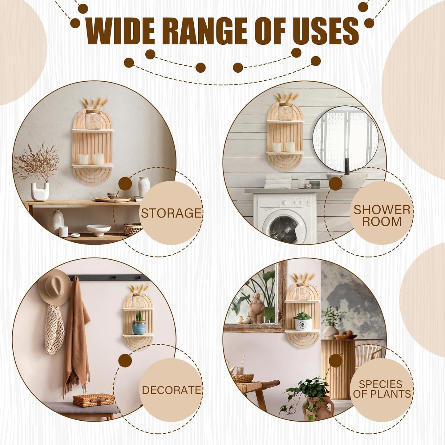 Tatuo 2 Pieces Boho Wall Shelf Decor Floating Shelves for Wall Wooden Hanging Holder for Living Room Bathroom Bedroom Office Nursery Decoration(Arch)