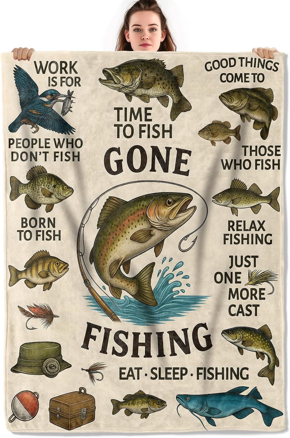 Vintage Fishing Throw Blanket, Lightweight Warm Flannel Blanket with Fish and Hook, Home Decor and Gifts, Soft Cozy Blankets for Fishermen, Dads, and Outdoor Lovers, 50"x60" for Bed Couch Travel