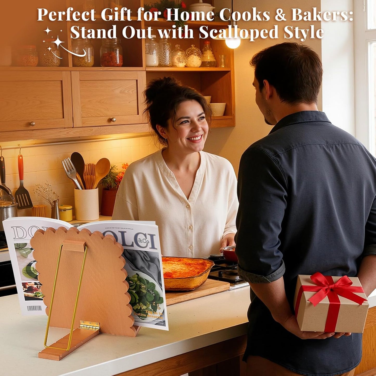 Cookbook Stand for Kitchen Counter, Adjustable Angle Wave Edge Wooden Cookbook Holder for Convenient Cooking, Recipe Book Holder Fits Tablets, Perfect Cooking Gifts for Women
