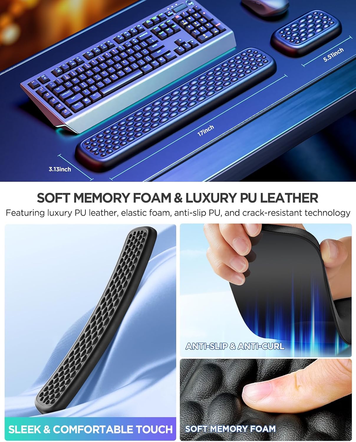 Lekvey Ergonomic Keyboard Wrist Rest - Memory Foam with Massage Points & Waterproof PU Leather Wrist Pad, Carpal Tunnel Support for Office Computer/Gaming, Typing Pain Relief, Easy-Clean（Black）