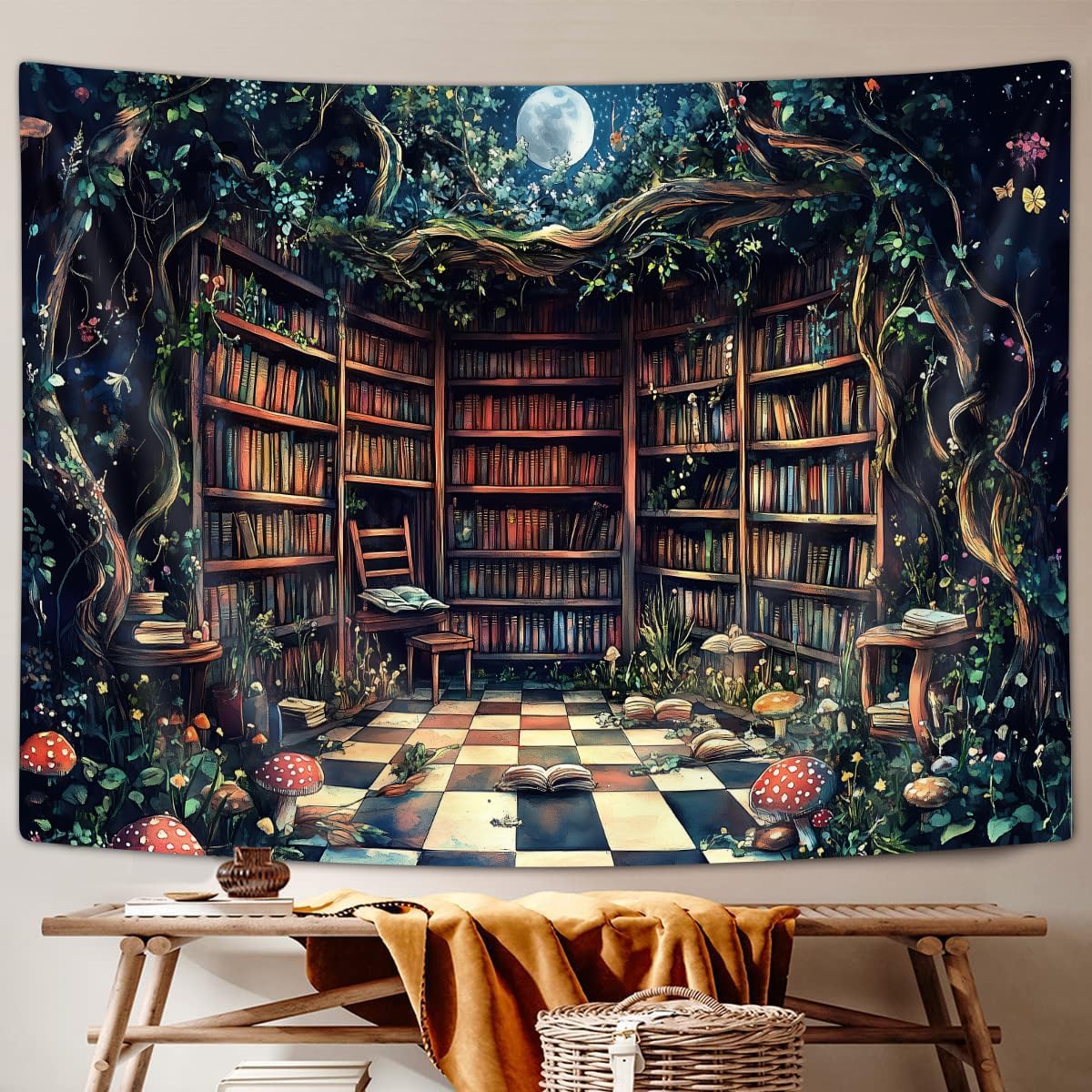 JAWO Fantasy Forest Tapestry Aesthetic, Witchy Fairy Mushroom Moon Vintage Library Nature Tapestry Wall Hanging for Bedroom, Dark Retro Magical Bookshelf Tapestries Poster Dorm Home Decor 90X70Inches