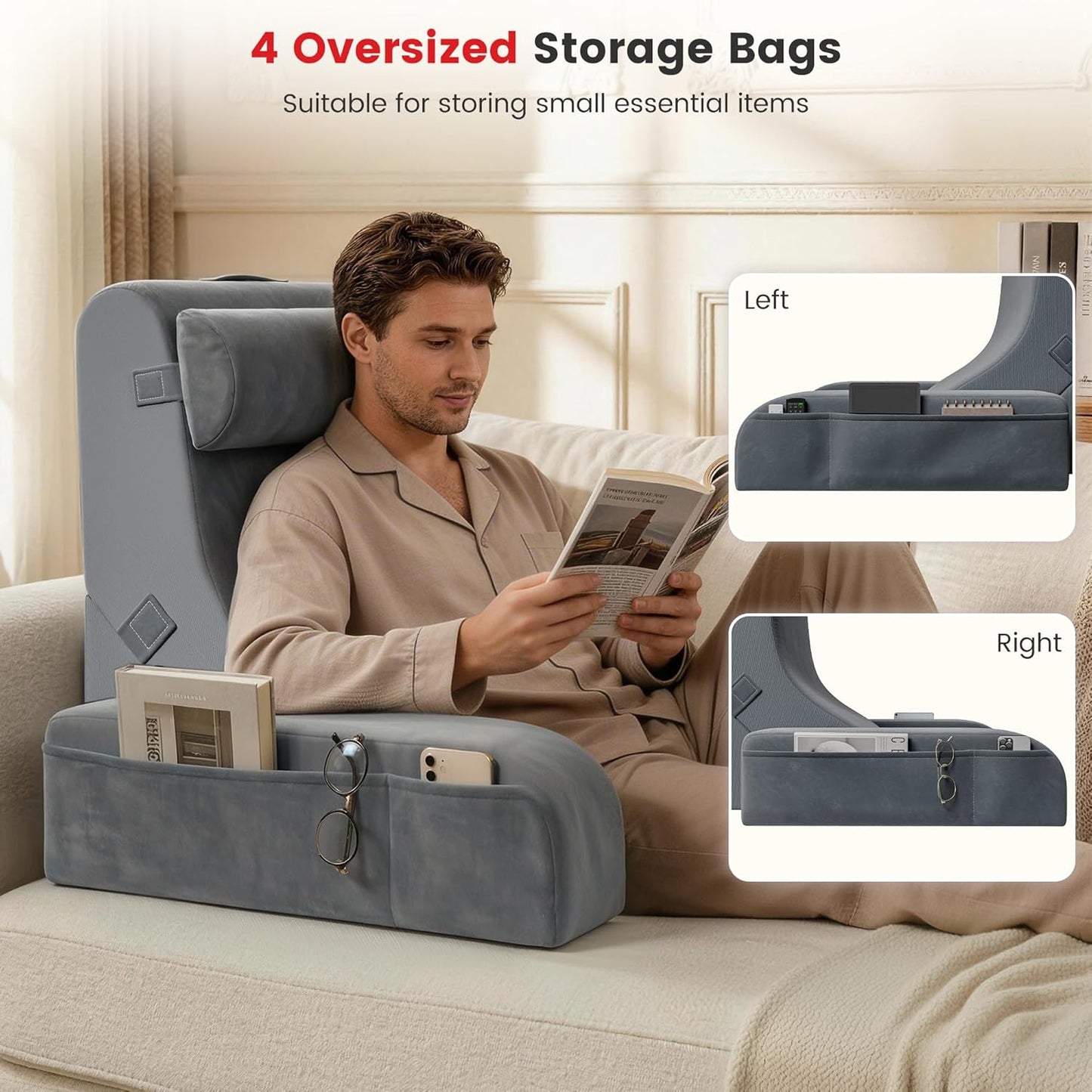 Reading Pillow for Sitting in Bed Adult, 22" Back Pillow for Bed Sitting up with Armrests & Storage Pockets, Ergonomic Wedge Pillow for Watching TV, Gaming, Working, Recovery, 5PCS, Grey