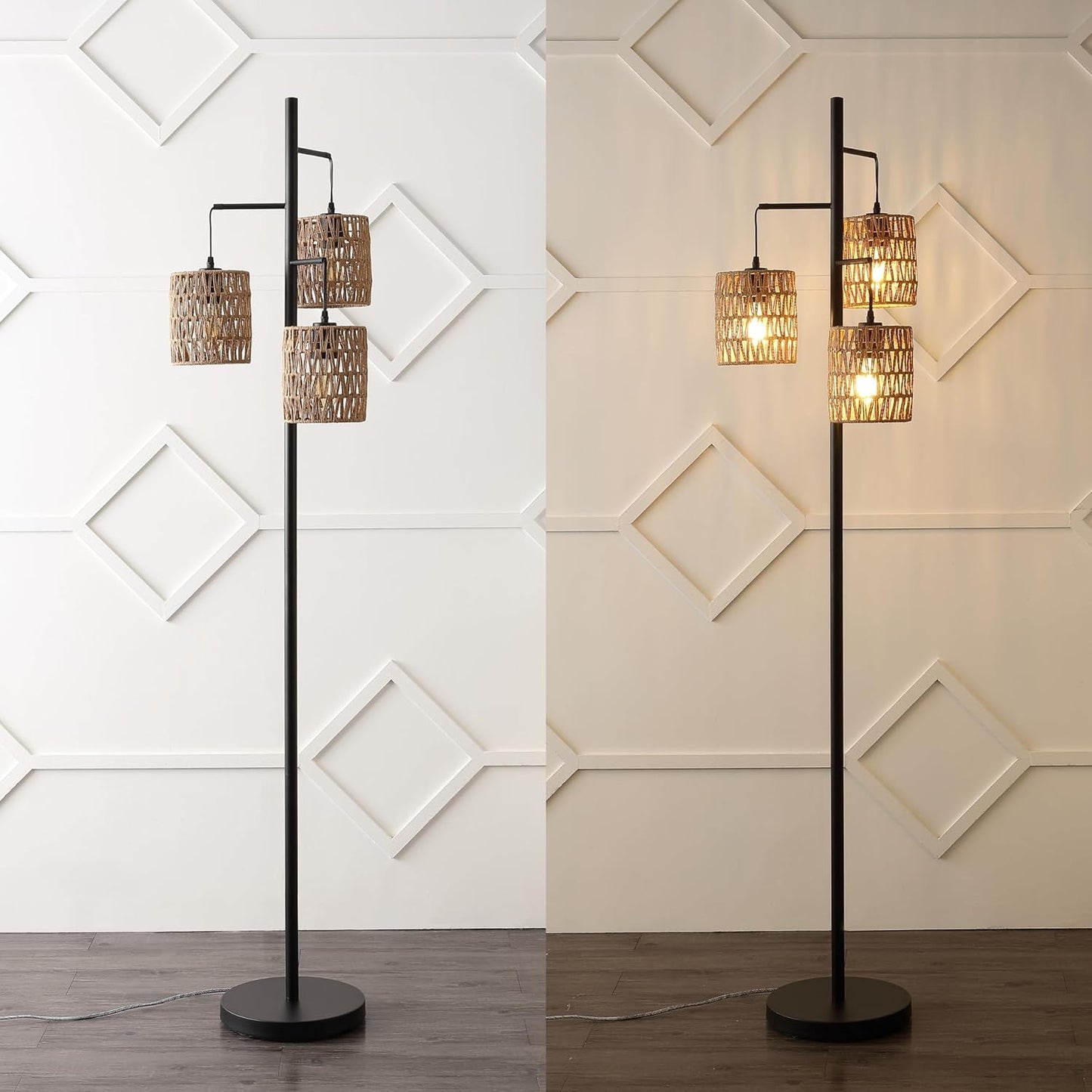 JONATHAN Y 70.75" Black 3-Light Bohemian LED Floor Lamp, Mid-Century Modern Standing Light with Natural Rattan Lantern Shades for Living Room, LED Bulbs Included JYL1150A