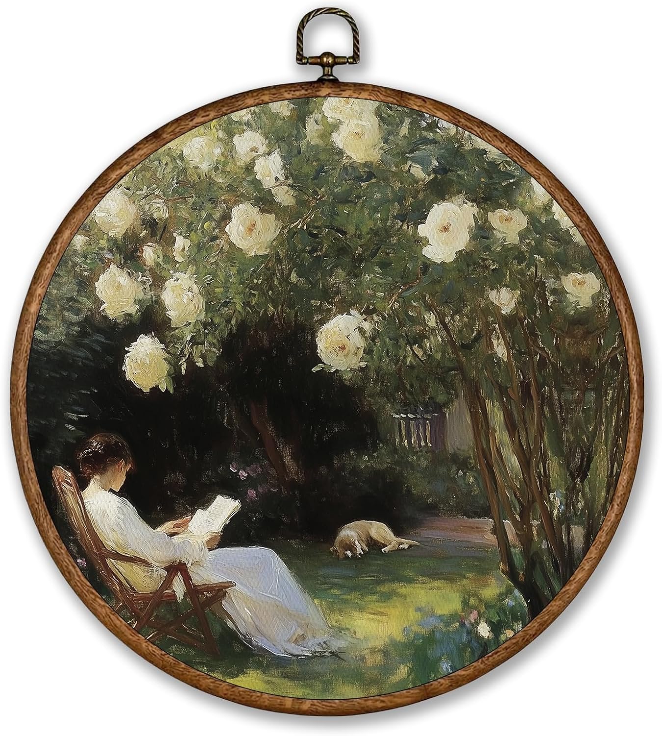 Voxitura Vintage Garden White Rose Wall Art Round Framed, Impressionist Floral Reading Wall Decor Canvas Hanging Living Room, Rustic Retro Prints Artwork Decorations for Bedroom Dorm 10x10in