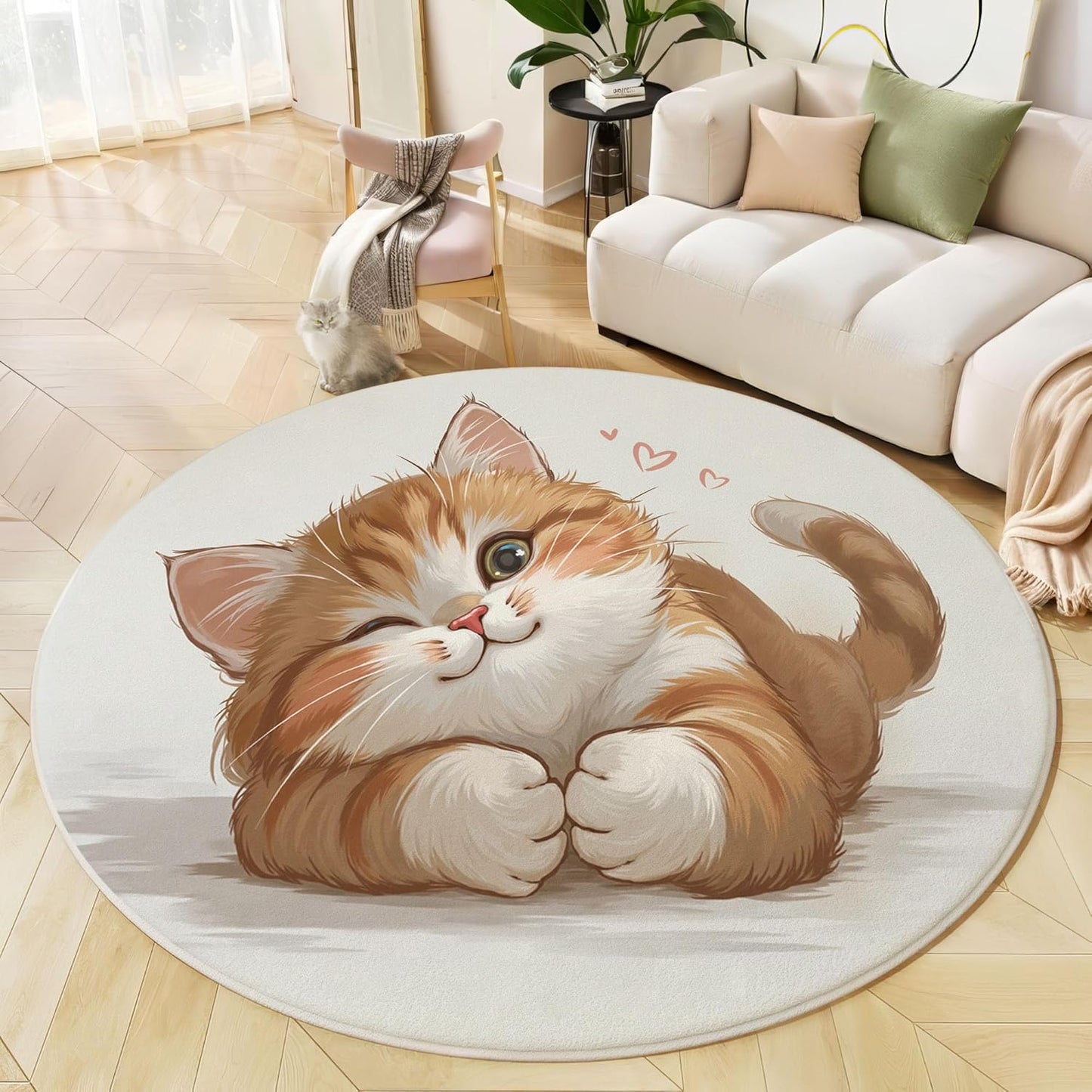 Cute Heart-Shaped Cat Round Rugs 5Ft, Fun Animal Round Living Room Area Rug, Washable Large Soft Circle Rug for Bedroom, Non Slip Ultra Thin Floor Carpet for Dining Room, Beige
