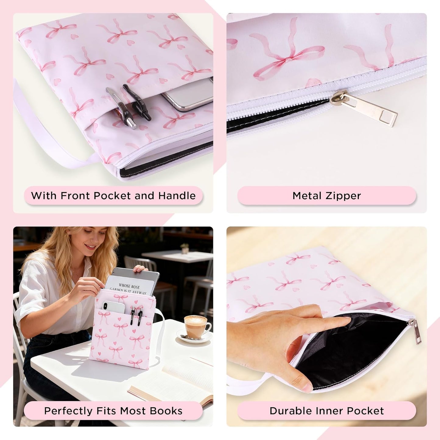 Book Sleeve with Zipper, 11''x 9'' Waterproof Paperback Sleeve for Book Lovers Books Pouch Cover with Handle for Hardcovers Kindle Sleeve for Reader Teacher Women (Light pink bow tie, 11x 9 inch)