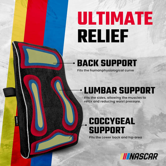 NASCAR Lumbar Support Pillow for Office Chair, Car, Gaming Chair, Home | Contoured Ergonomic Back Support | Premium Memory Foam | Breathable & Washable Jaquard Velvet Cover w/Adjustable Strap, Black