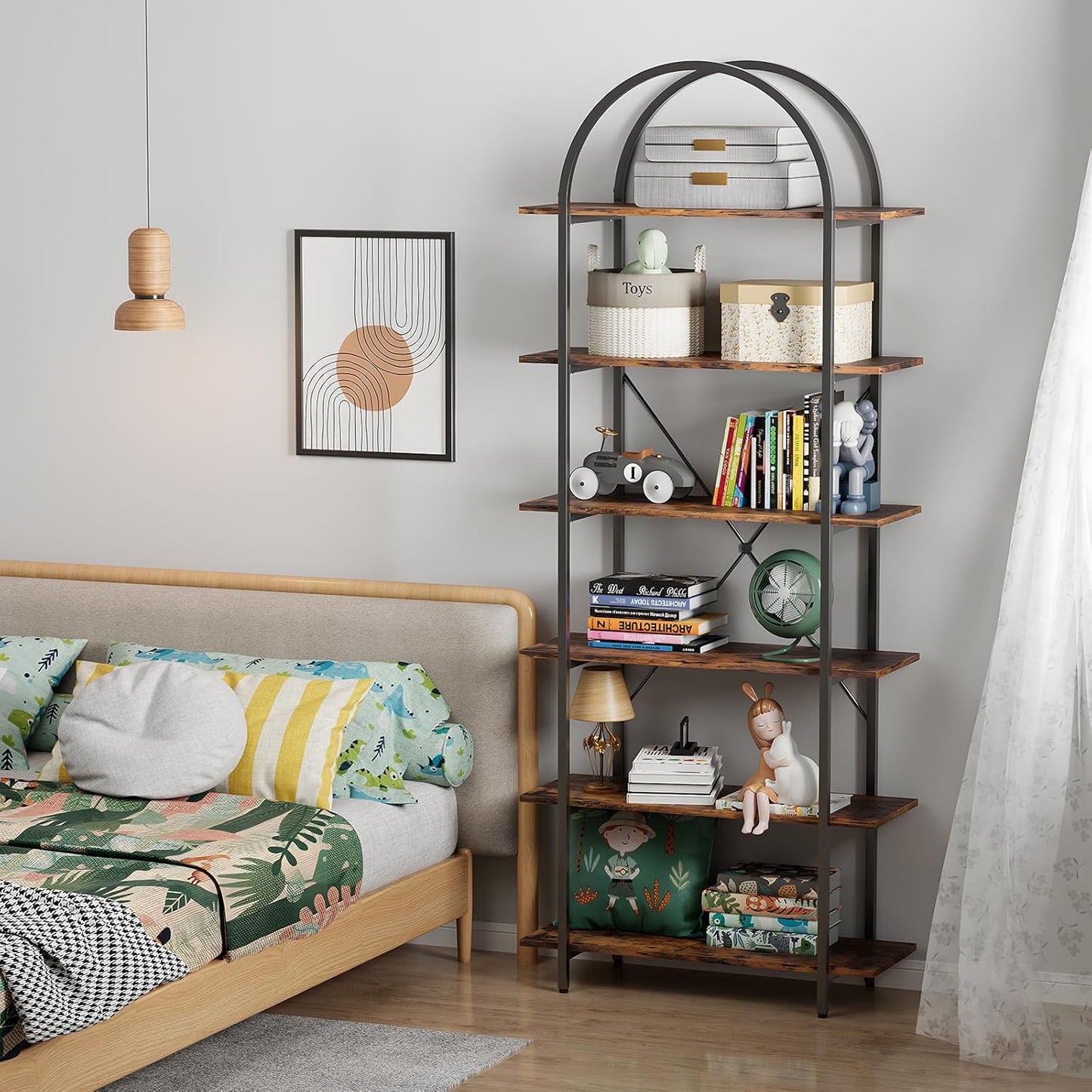 6 Tier Bookshelf, 83" Tall Arched Bookcase, Tall Book Shelf with Metal Frame, Industrial Display Standing Shelf for Living Room, Home Office, Bedroom, Brown