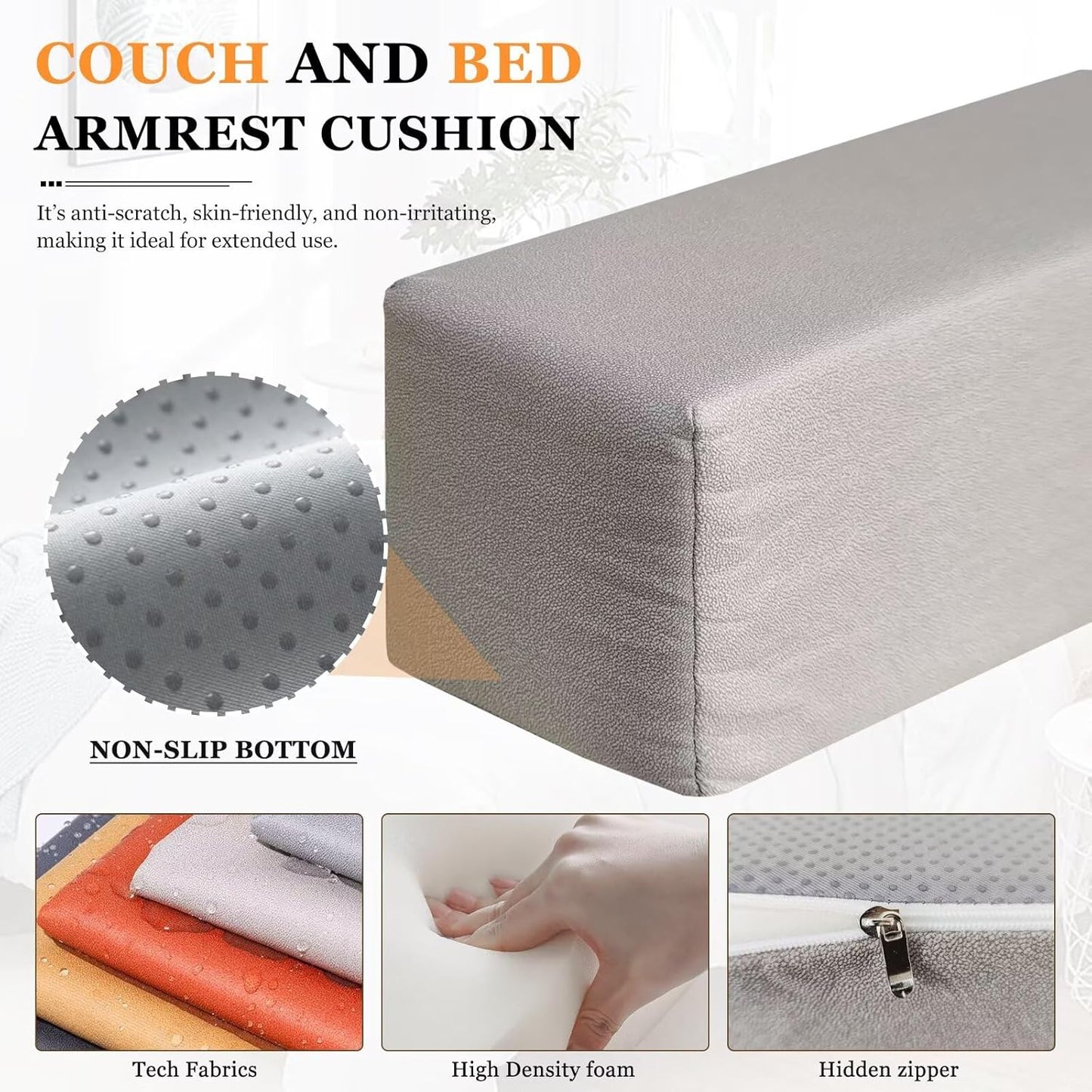 2 Pack Couch Arm Rest Pillow 6''x6''x20'' Faux Leatharie Armrest Cushion, High Density Foam Pillows, Removable & Washable Headboard Elbow Support for Armchair Sofa Bed, Beige