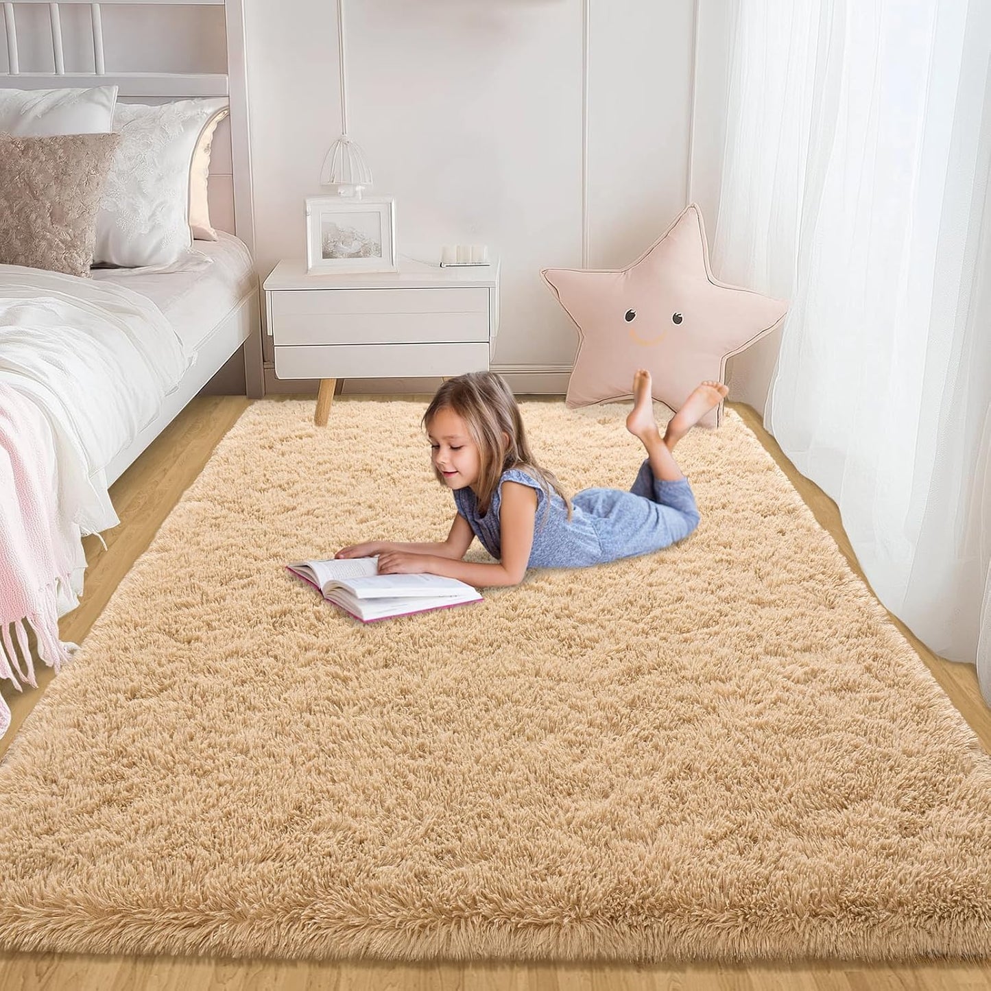 Shaggy Rugs for Bedroom Living Room, Beige Fluffy Fuzzy Shag Area Rug, 4x5.9 Feet Soft Cozy Plush Carpet for Kids Room Dorms Home Decor Aesthetic, Upgrade Non-Slip