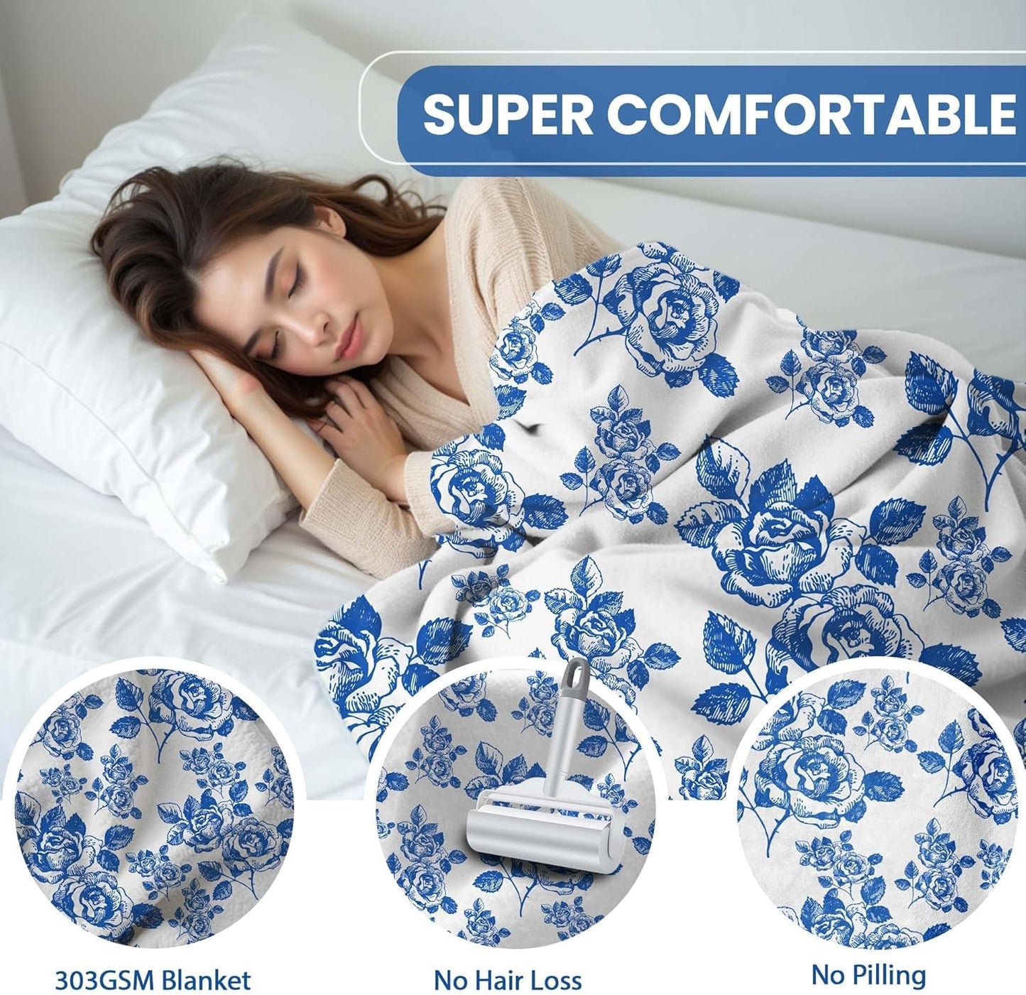 Blue Floral Throw Blanket Blue and White French Country Chinoiserie Flannel Blankets for Couch Bed Living Room Sofa, Decorative Patterned Super Soft Cozy, 50x60 in