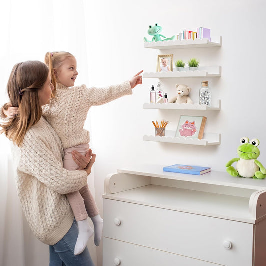 Scalloped Shelves - Set of 4 Pre-Assembled 24inch White Floating Nursery Book Shelves, Scalloped Book Shelf for Kids Rooms - Kids Wall Bookshelf, Nursery Decor, Floating Shelves