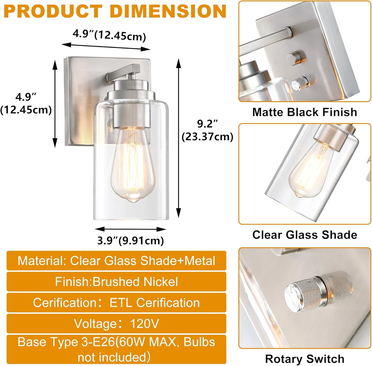 Pia Ricco Wall Sconces Set of 2, Bedside Wall Lamp with Switch for Bedroom, Modern Bathroom Light Fixture with Clear Glass Shade, Brushed Nickel Sconces Wall Lights for Living Room, Hallway, Kitchen