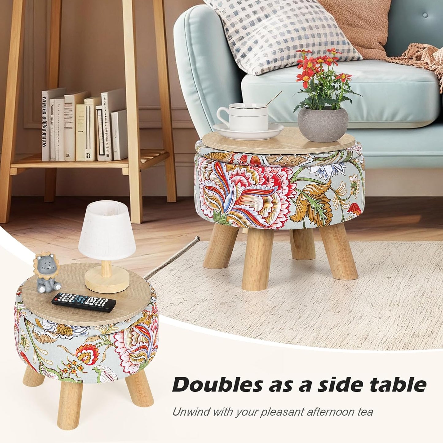 ETELI Storage Ottoman Round Small Foot Rest with Wood Legs Boho Footstool with Padded Seat Ottomans and Footstools for Couch Hallway Living Room Bedroom Enterway