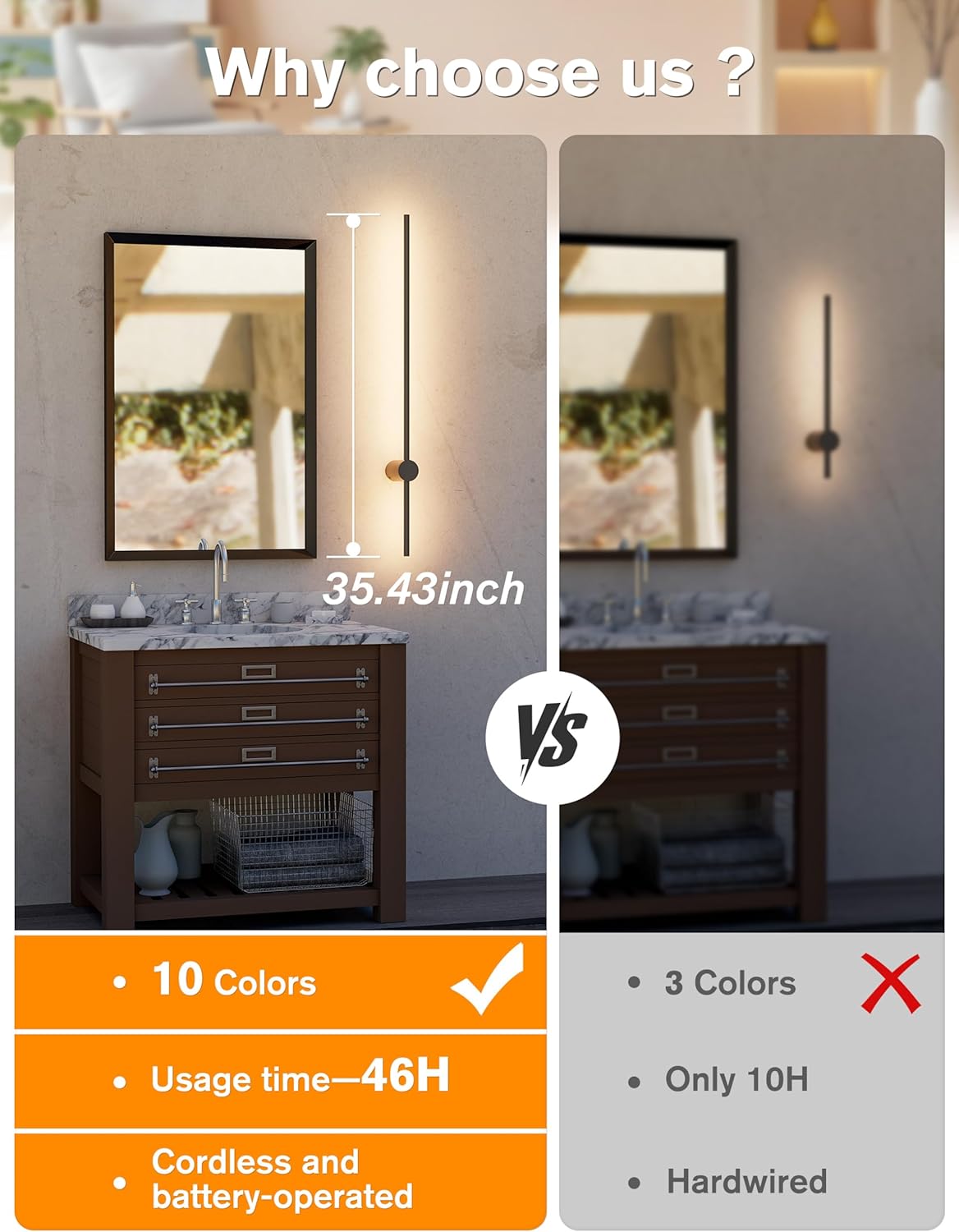 Battery Operated Wall Sconces Set of 2,10000mAh Rechargeable Wireless Sconces with Remote Control,Dimmable Wall Lamps with 7 Colors,35.4 Inch Modern Black Wall Lights for Bedroom, Living Room