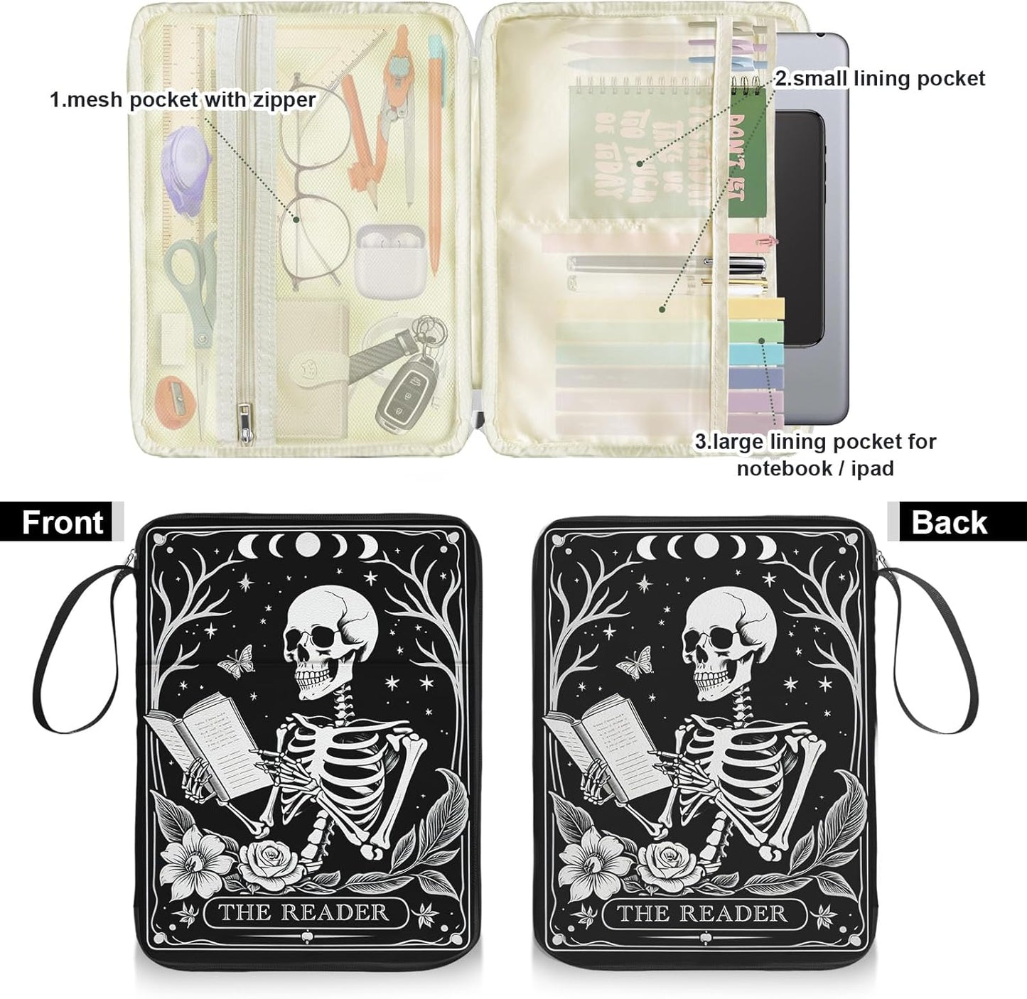Skull Book Sleeve for Book Lovers, Paperback Book Protector Case, PU Leather Waterproof Book Pouch with Zipper, Gothic Skeleton Print Book Carrying Case for Hardcover, Book Cover for Men Boys