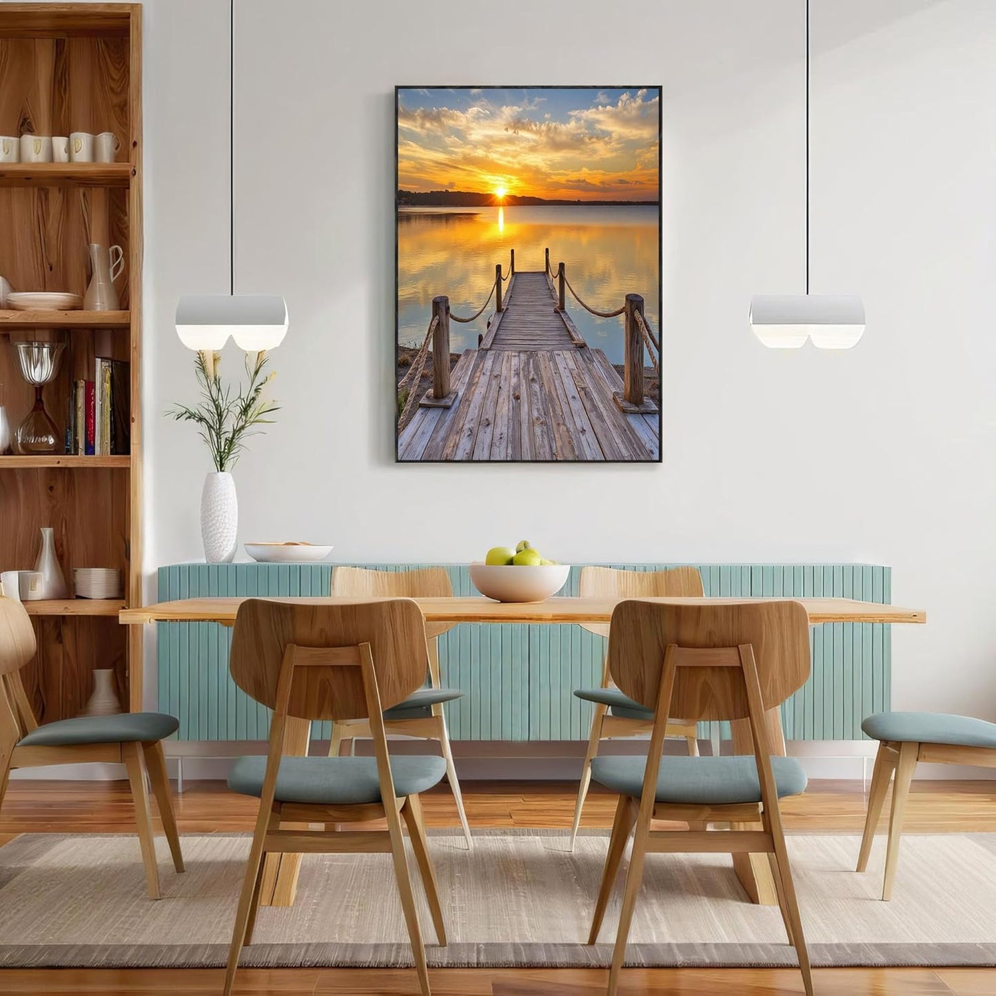 GDJSMIN Sunset Scene Wall Art, Wooden Pier Design Poster for Reading Room Living Room Decor 12x 16 inch Unframed