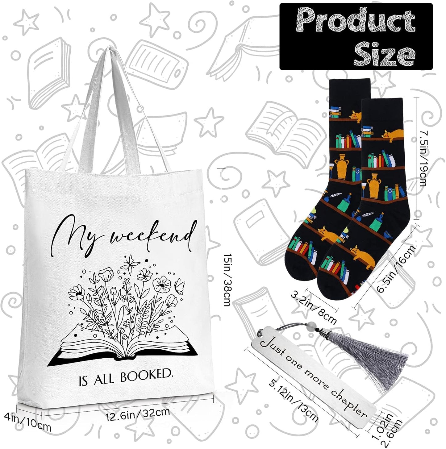 Sieral Sets of 4 Book Lovers Gift for Women Bookish Stainless Steel Tumbler Tote Bag Socks Books Bookmark Librarian Appreciation Gift for Book Bookworm Teacher Graduation(Reading)