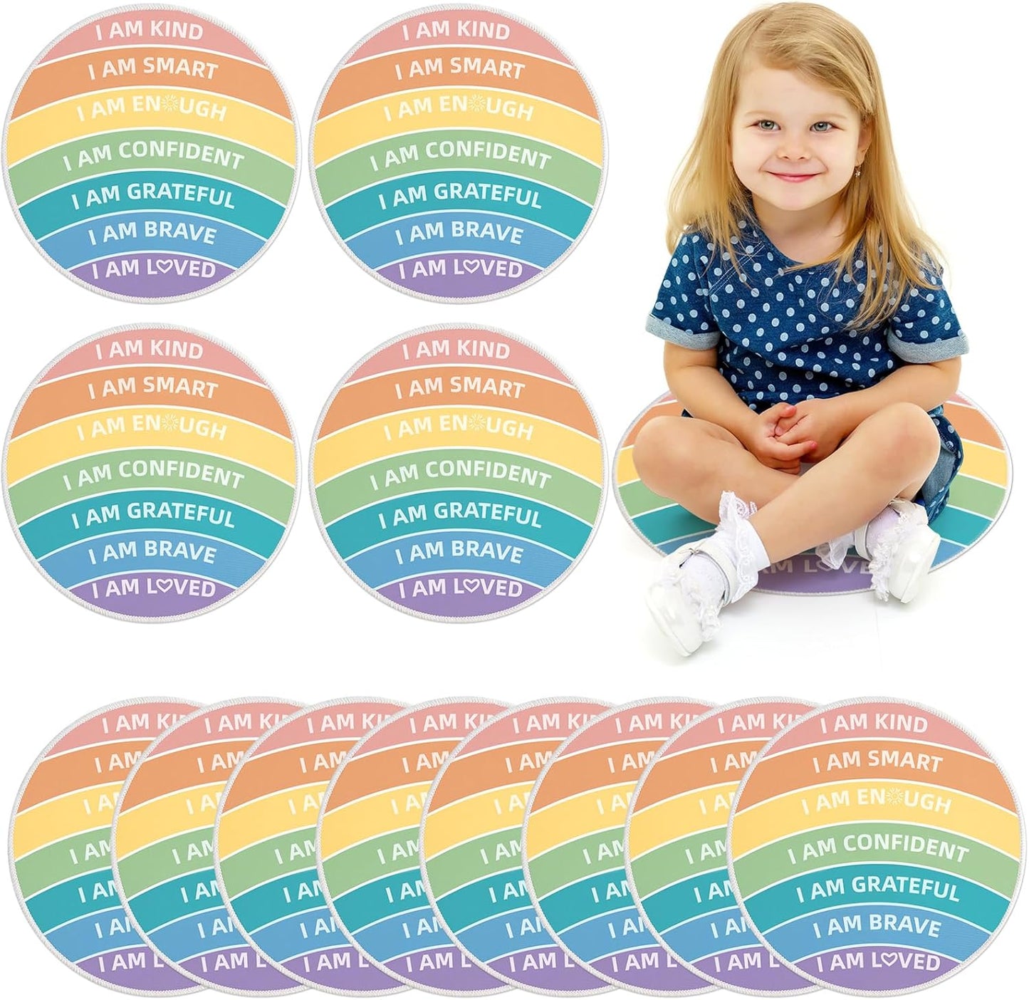 12 Pcs Carpet Circle Seats 15 Inch Positive Affirmations Round Classroom Rug for Non Slip Floor Cushions Mat for Back to School Nursery Learning Calm Down Corner Playing Areas Decor(Rainbow)