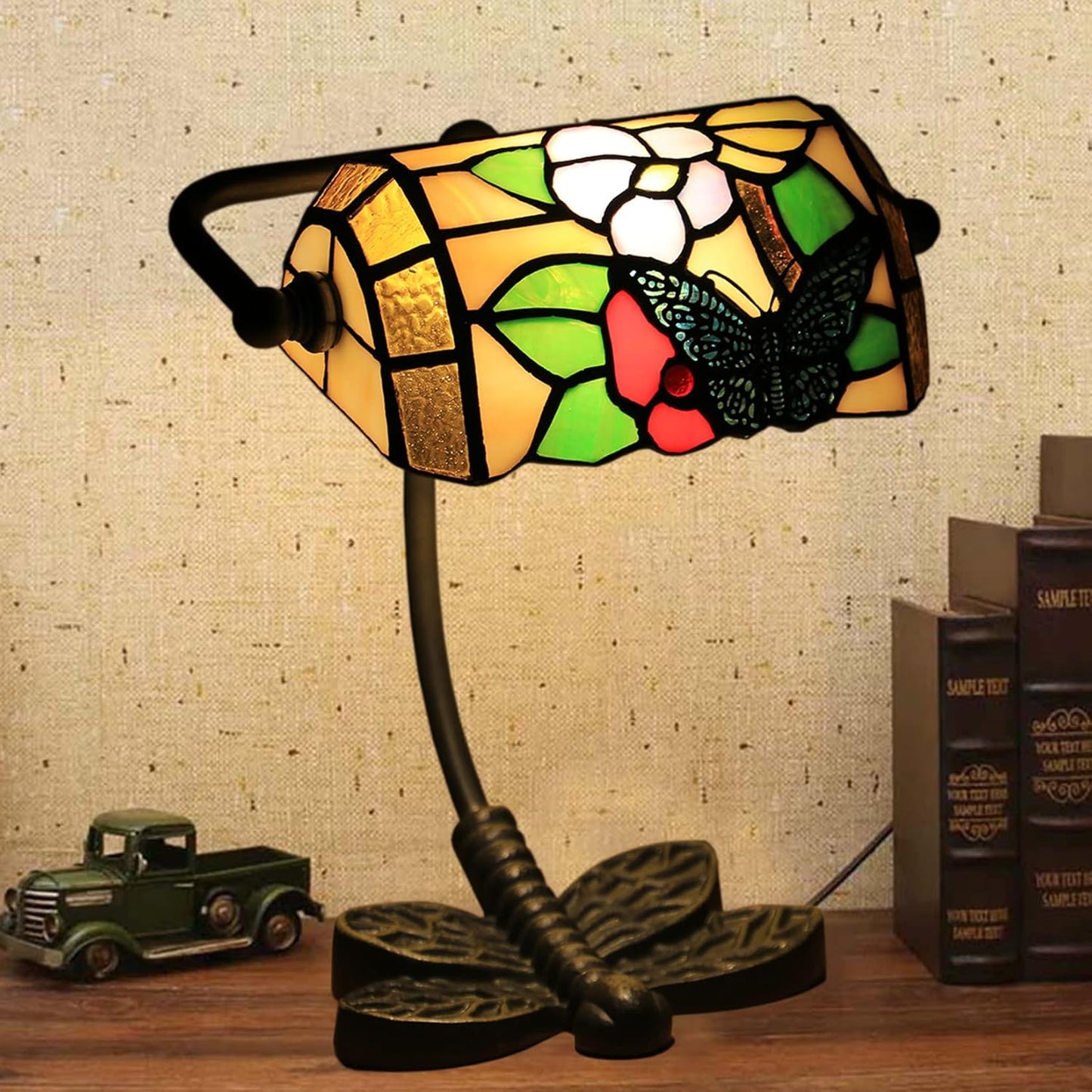 Mini Small Banker Lamp Tiffany Office Desk Lamp Stained Glass Table Lamp Luxury Memory Adjustable Accent Piano Reading Lamp for Living Room Bedroom Library Dragonfly Cast Iron Base,Butterfly