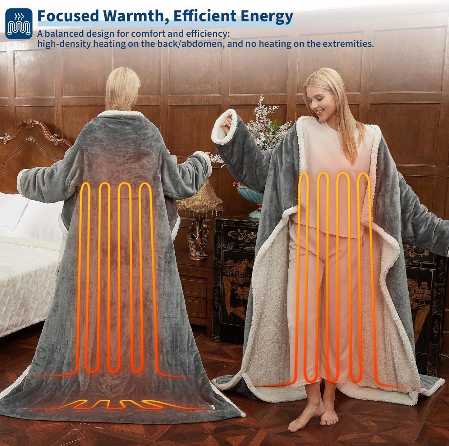 GarveeHome Wearable Heated Blanket with Foot Pocket,Electric Snuggle Blanket with Sleeves,6 Heating Levels & 2/4/8/10H Time Settings,Machine Washable,Gift for Family & Friends,50 * 70"+18", Dark Gray
