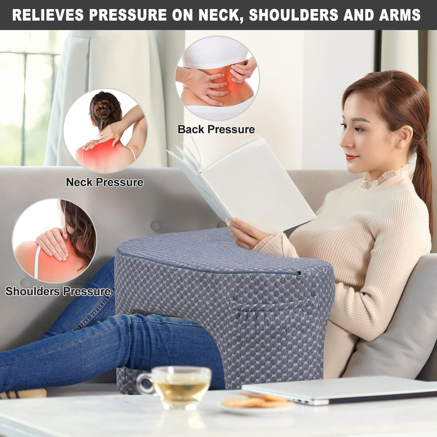 Reading Pillow with 2 Side Pockets,Arm Rest Pillow for Loptop,Memory Foam Reading Pillows for Gaming,Working, Crocheting,Removable and Washable Cover,Unique 3-Leg Design for Enhanced Stability
