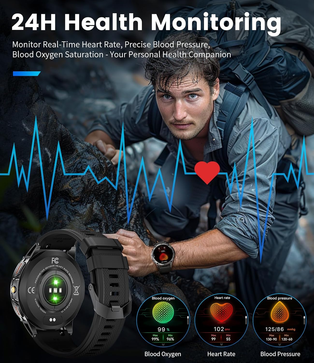 LIGE Military Smart Watch for Men iPhone Android 1.43" HD Amoled Rugged 120+ Sport Modes IP68 Waterproof Answer/Make Call Fitness Running Heart Rate Blood Pressure Health Mens Smartwatch EF6-A
