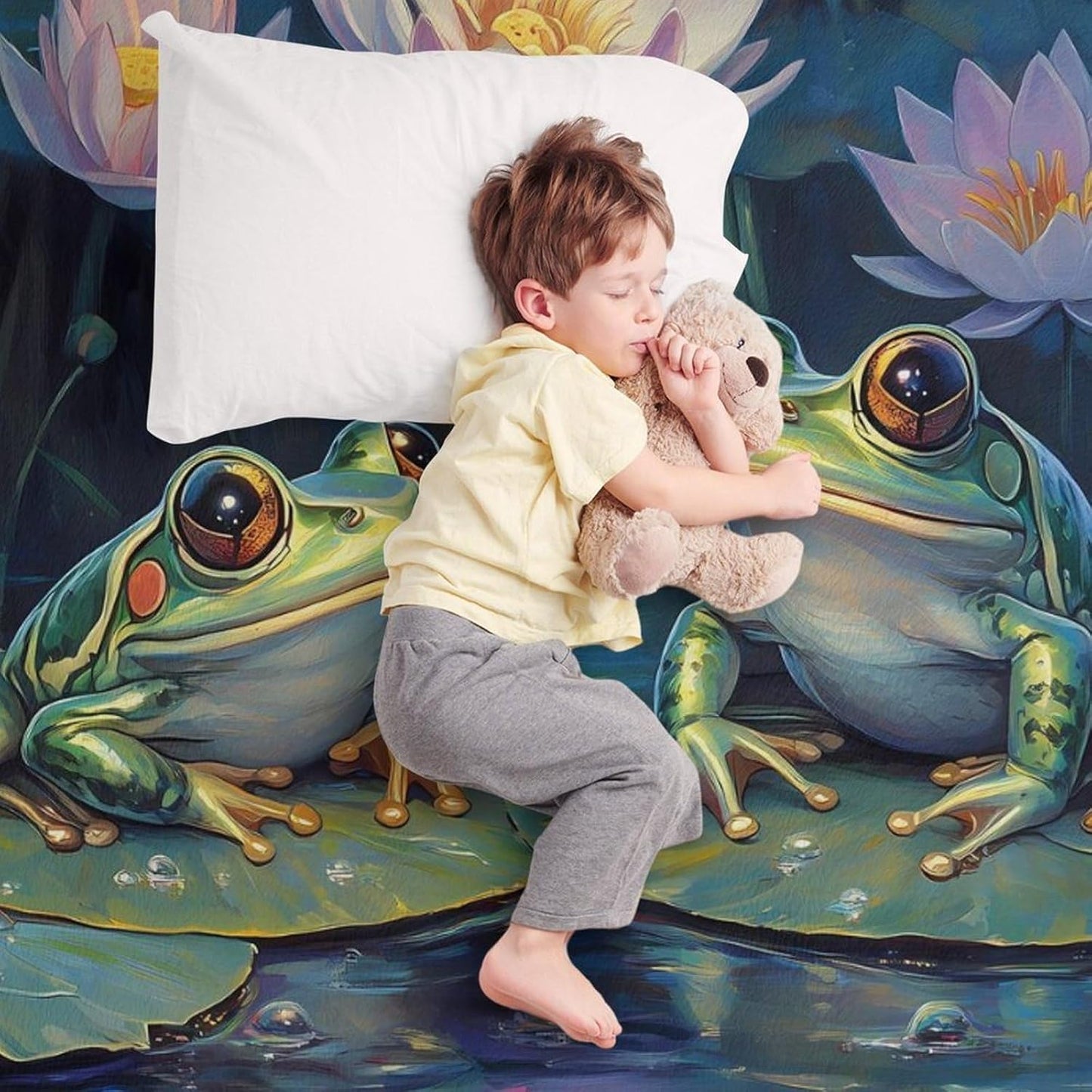 Frog Lotuses Throw Blanket for Couch Bed Plush Cozy Fuzzy Flannel Blanket for All Season 55"x70"