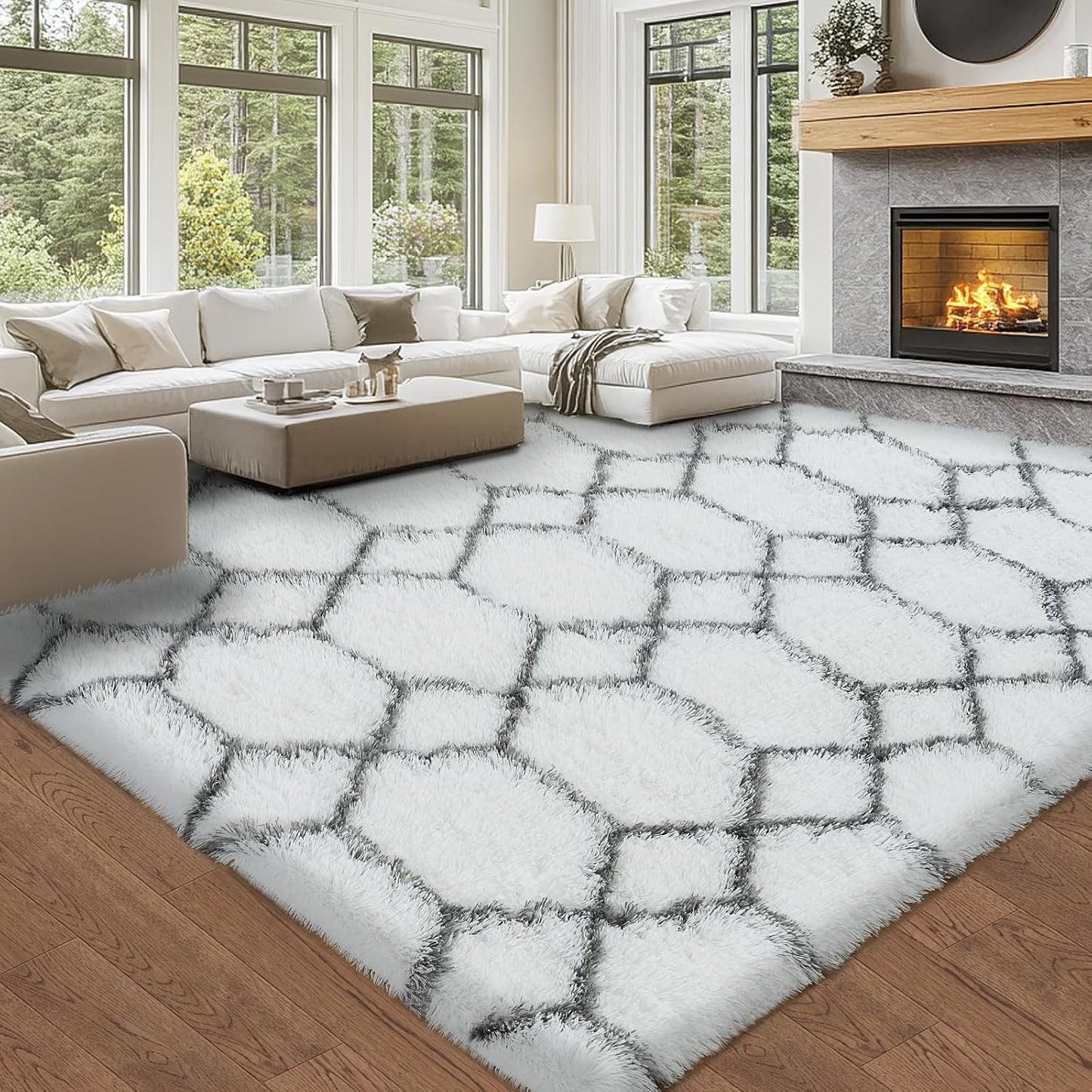 Fluffy Area Rugs for Living Room: White and Grey Geometric Fluffy Rug- 8x10 Feet Geometric Large Soft Plush Shaggy Rug- Fuzzy Shag for Living Room, Bedroom (White/Grey, 8x10Feet)