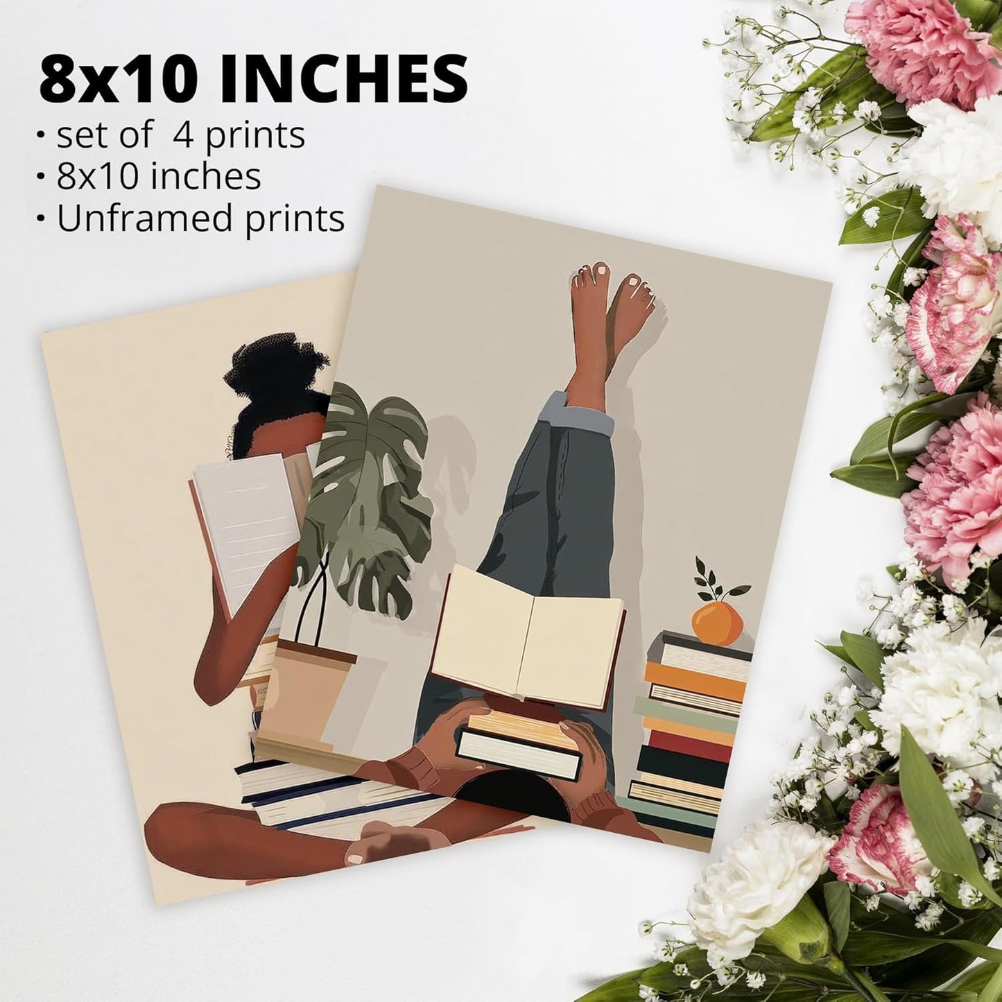AEHIE Boho Black Women Reading Wall Art Poster Prints for Library Reading Room Classroom Decor, Just One More Chapter Book Club Decorations Prints Wall Art Unframed 4pcs 8x10inches, Book Lovers Gifts