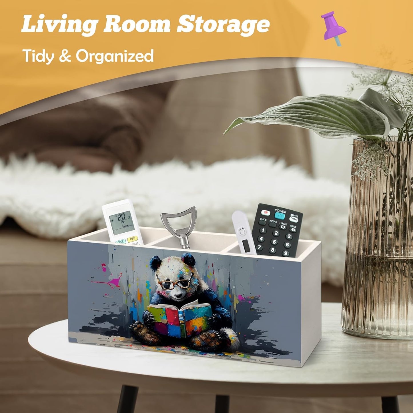 Book Lovers Gifts Pen Holder Organizer for Desk Accessories, Watercolor Reading Panda Bookish Wooden Box Desk Decorations for Kids Reading Corner Nook Room Classroom Decor