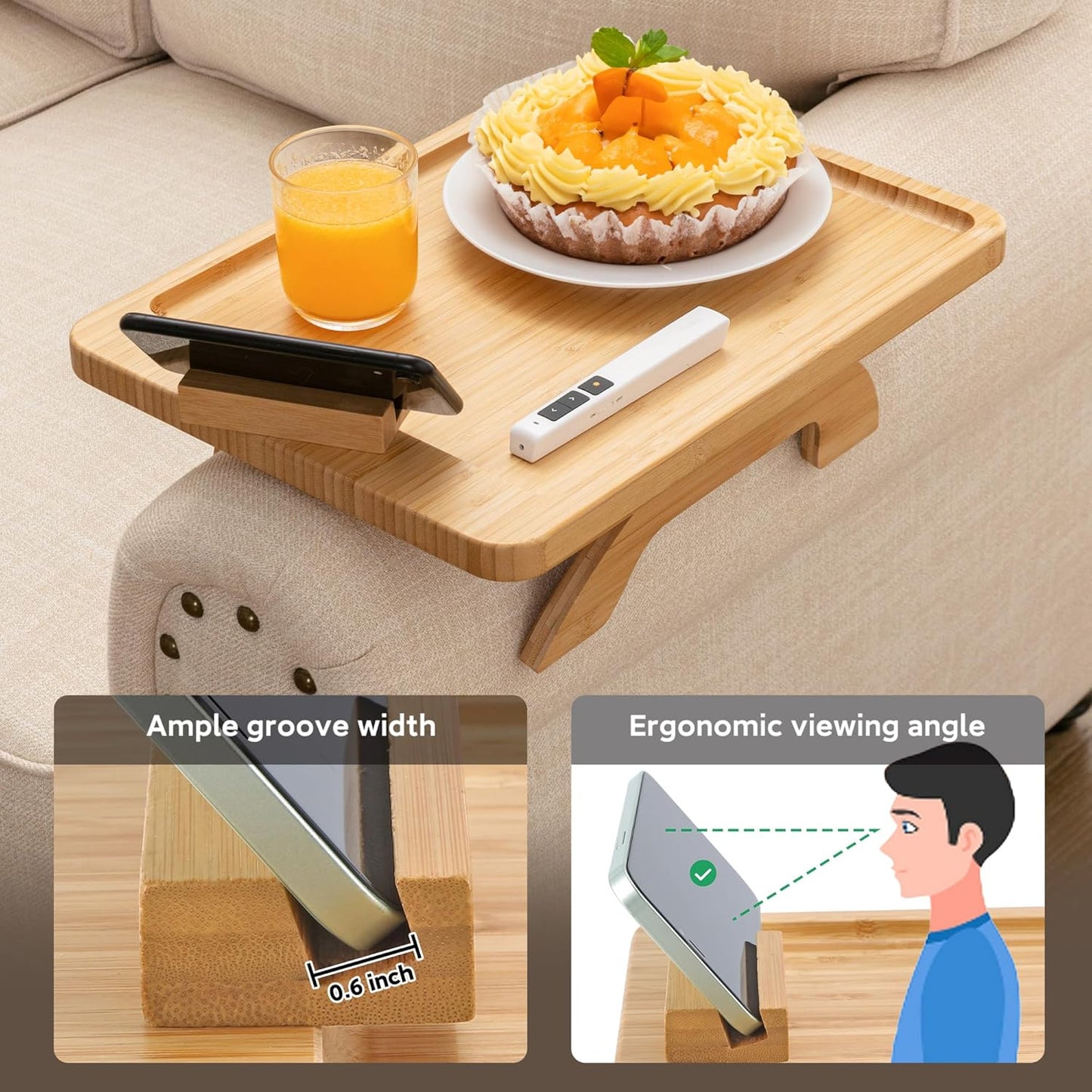 SINWANT Couch Arm Tray,Bamboo Sofa Clip on Side Table,Foldable Couch Armrest Table with 360° Phone Holder,Food Trays for Eating/Drinks/Snacks/Remote 15.35" x 9.8"