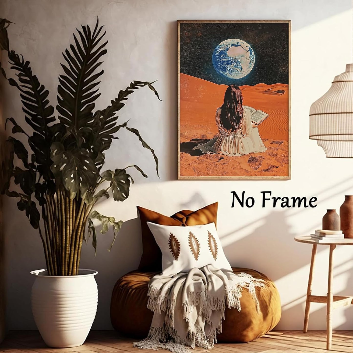 Vintage 70s Wall Art Woman Reading Book Canvas Retro Surreal Collage Poster Trippy Alien Wall Art Vintage Bar Cart Pictures Egoless Aesthetic Posters Retro Trendy Woman Moon Print 16x24inch No Frame