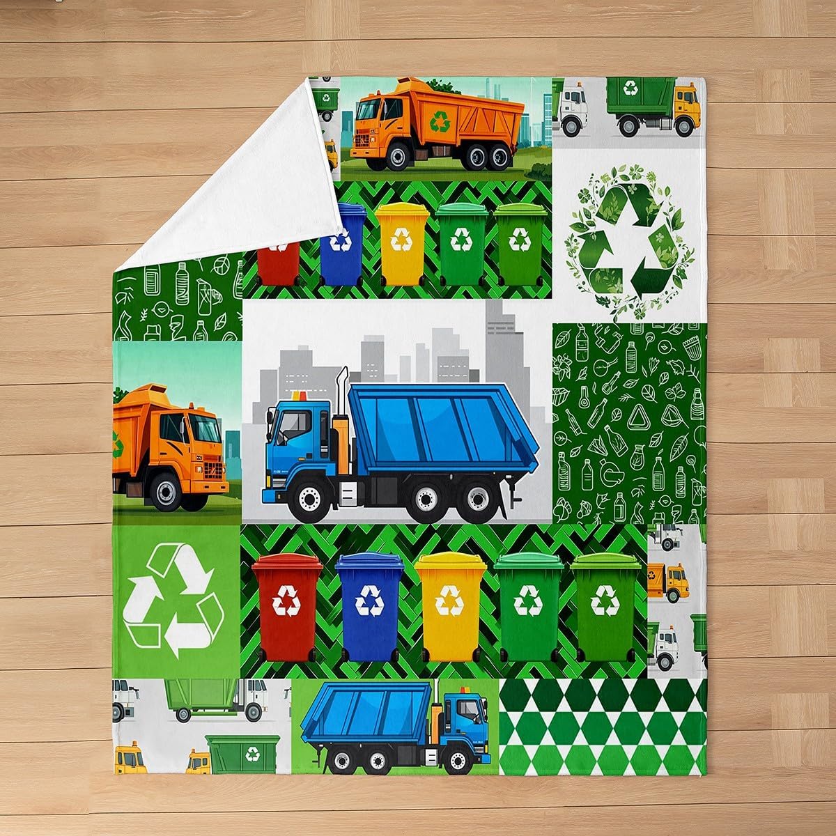 Garbage Truck Flannel Blanket 40"x50" Warm Lightweight,Cartoon Car Waste Truck Bed Sofa Couch Blankets,Trash Can Patchwork Fuzzy Blanket Room Decor,Green Blue Breathable Flannel Plush Blanket