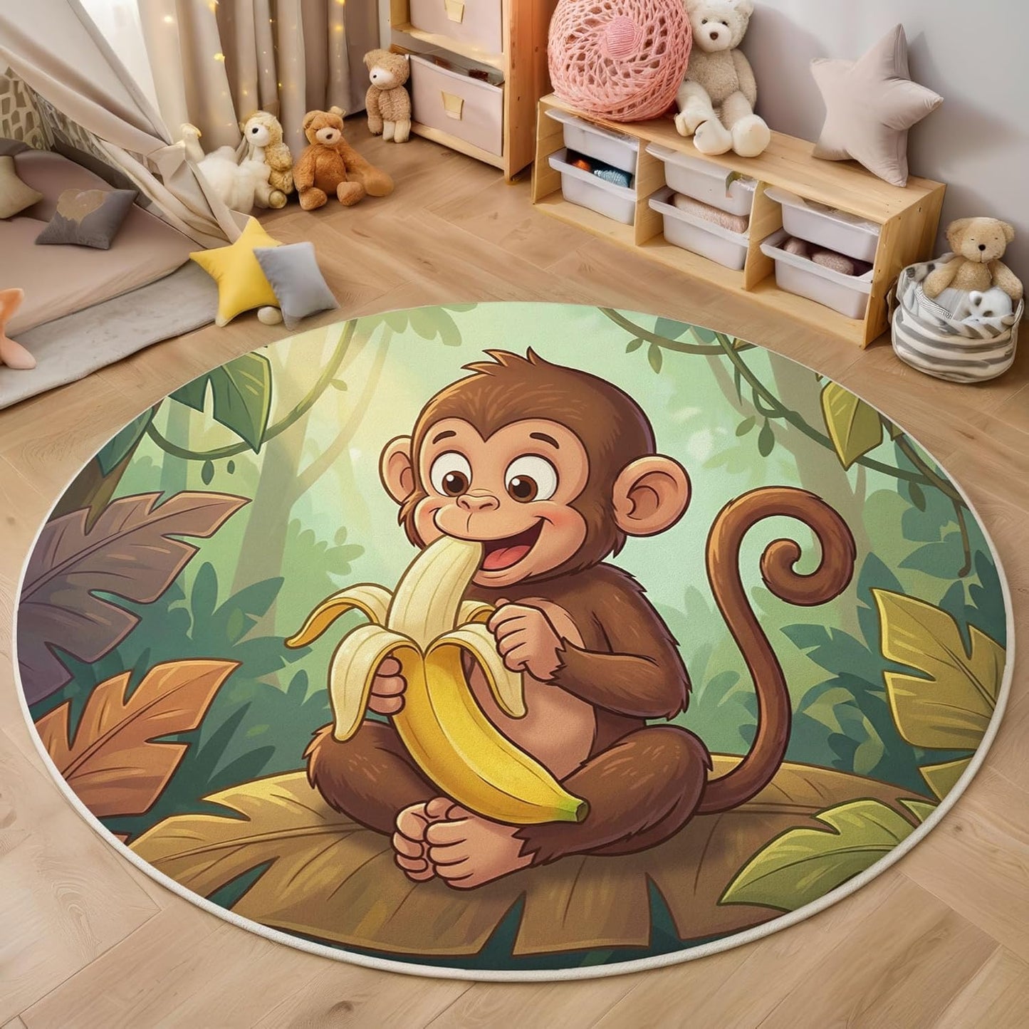 Modern Round Area Rug for Living Room, 5Ft Washable Round Rug Emerald Green Tropical Monkey Banana Circle Rugs for Dining Room Table, Cartoon Animal Small Circular Floor Carpet for Bedroom