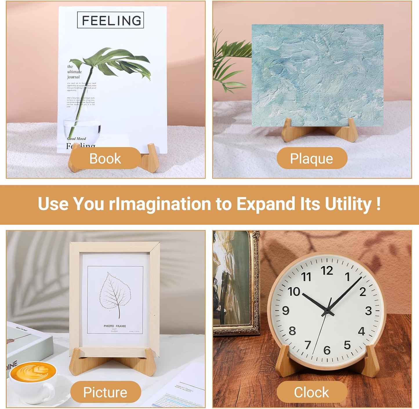 Wooden Plate Stands for Display Bamboo Picture Frame Holder 7 inches Tabletop Easels Frame Folding Display Stand Tabletop Art Holder Book Dish Decorative for Platter Dish Book Photo Plaque