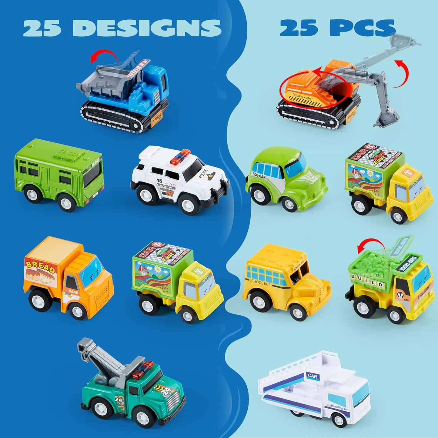 JOYIN 25 Pieces Pull Back Cars and Trucks Toy Vehicles Set for Toddlers, Girls and Boys Kids Play Set, Party Favors, School Gifts, Goodie Bags Stuffers for Kids, Easter Basket
