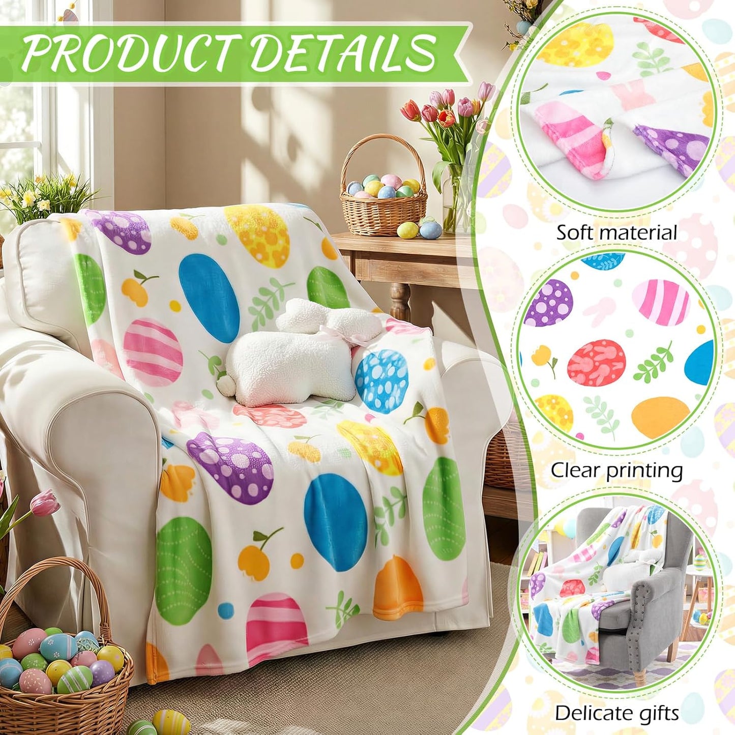 2 Pcs Easter Plush Throw Blanket and Pillow Set, 40 x 50 Inch Soft Easter Eggs Flannel Blanket Fluffy Bunny Stuffed Pillow Cushion Gifts for Boys Girls Teens Bedroom Decor