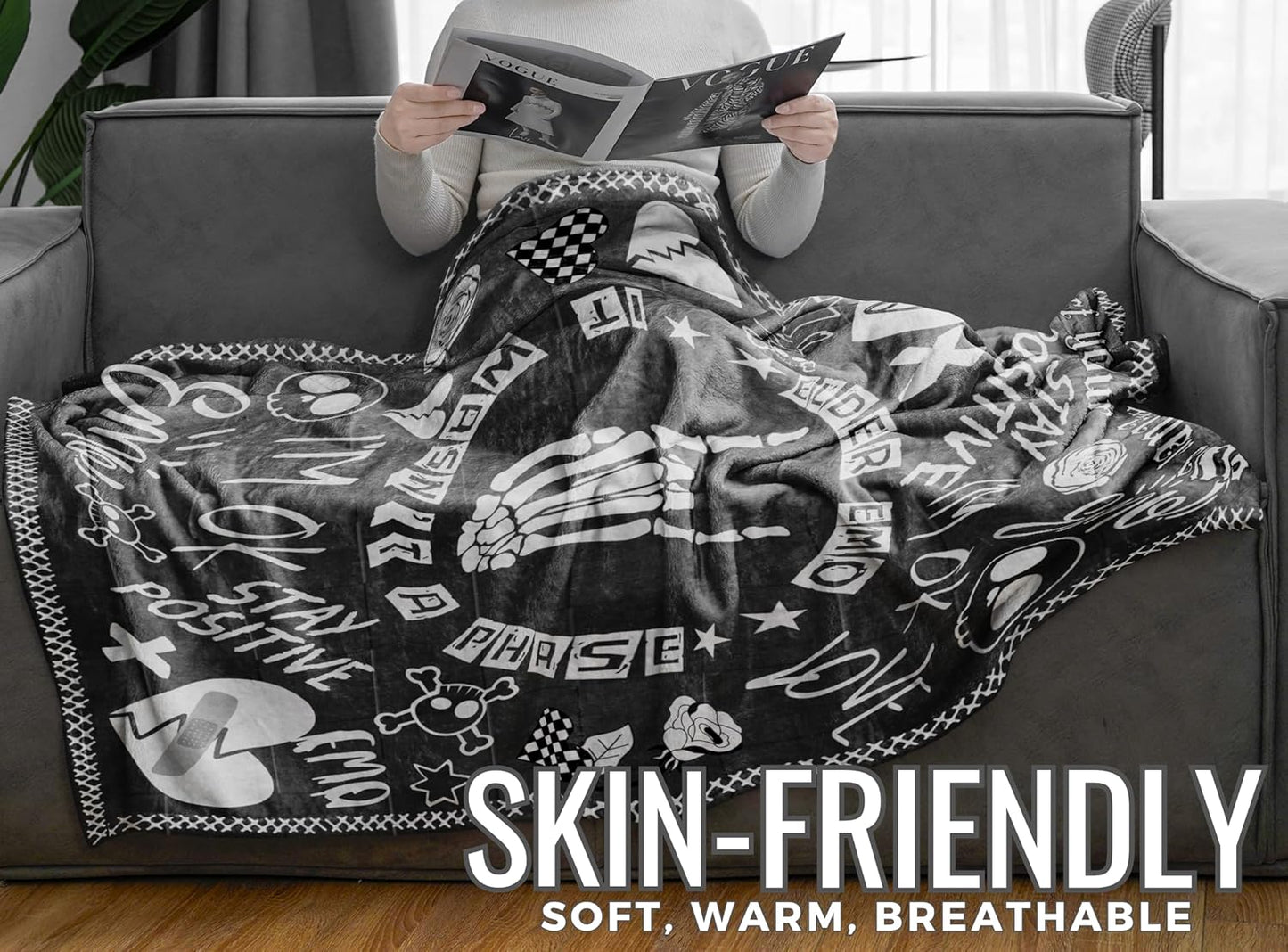 Skull Goth Elder Emo Blanket for Men & Women, Cool Elder Emo Gothic Skeleton Gifts for Birthday, Christmas, Flannel Blanket Throw, 65 x 50 inches - Black - Elder Emo It Wasn't a Phase