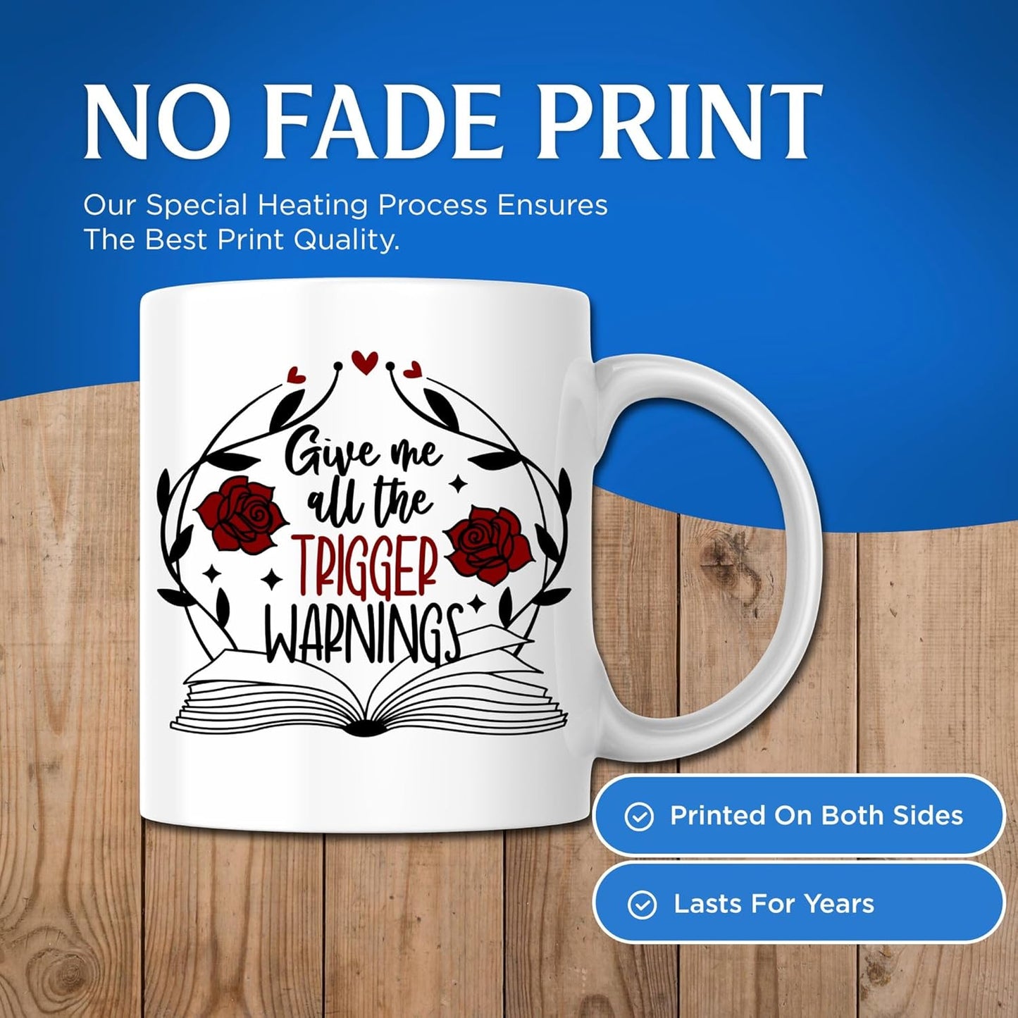 Give Me All The Trigger Warnings Coffee Mug - 11 Ounce White Handle Coffee Cup - Funny Bookworm Bookreader - Printed On Both Sides - Dishwasher and Microwave Safe - Premium Quality Ceramic - BMCM00208