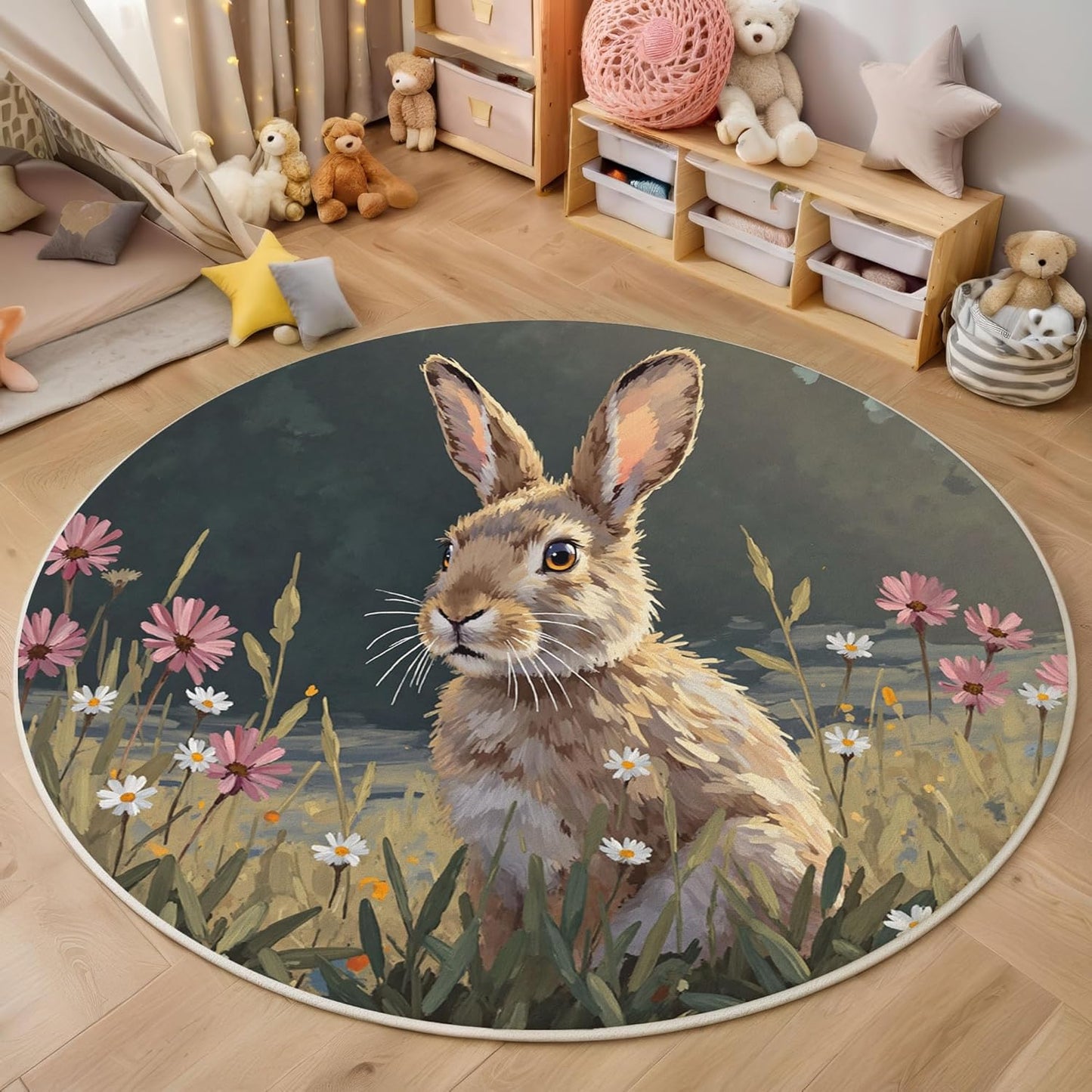 Round Rug for Kids Room, Nature Rabbit Grass Round Rugs 5.25Ft, Animals Oil Painting Circle Rug, Olive Green Washable Circle Carpet for Living Room Bedroom, Non Slip Low Pile Thin Area Rugs
