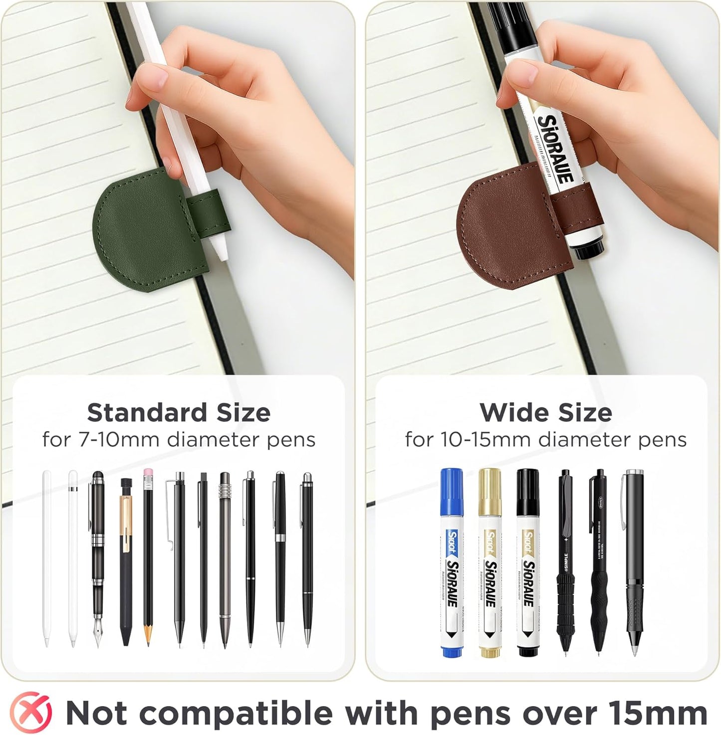 Magnetic Pen Holder for Notebook, Pen Clip for Journal Planner Notebooks, Fits Slim Pens, Soft PU Leather 3 Pack, Standard Size