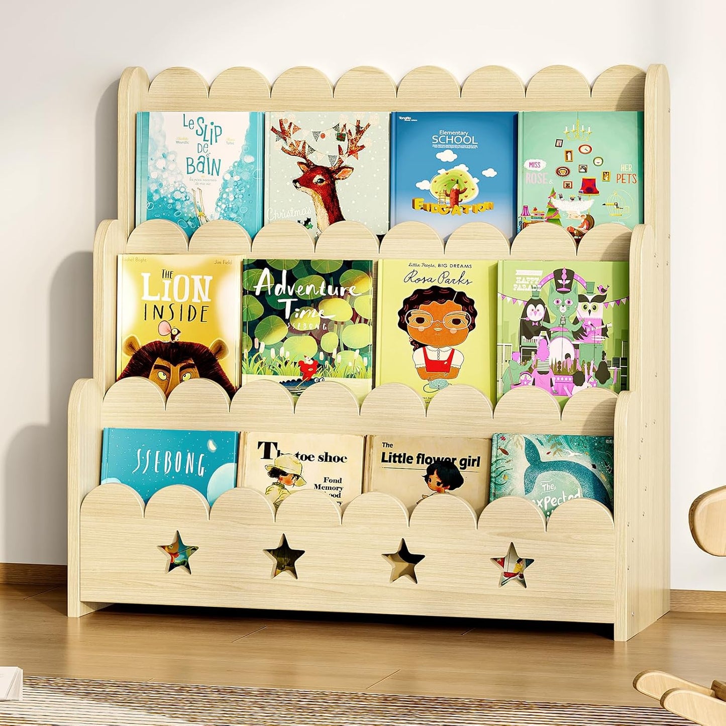 Scalloped Bookshelf for Kids, 3-Tier Front Facing Book Display Shelf, Solid Wood Montessori Bookcase Organizer for Bedroom, Nursery, Playroom & Classroom