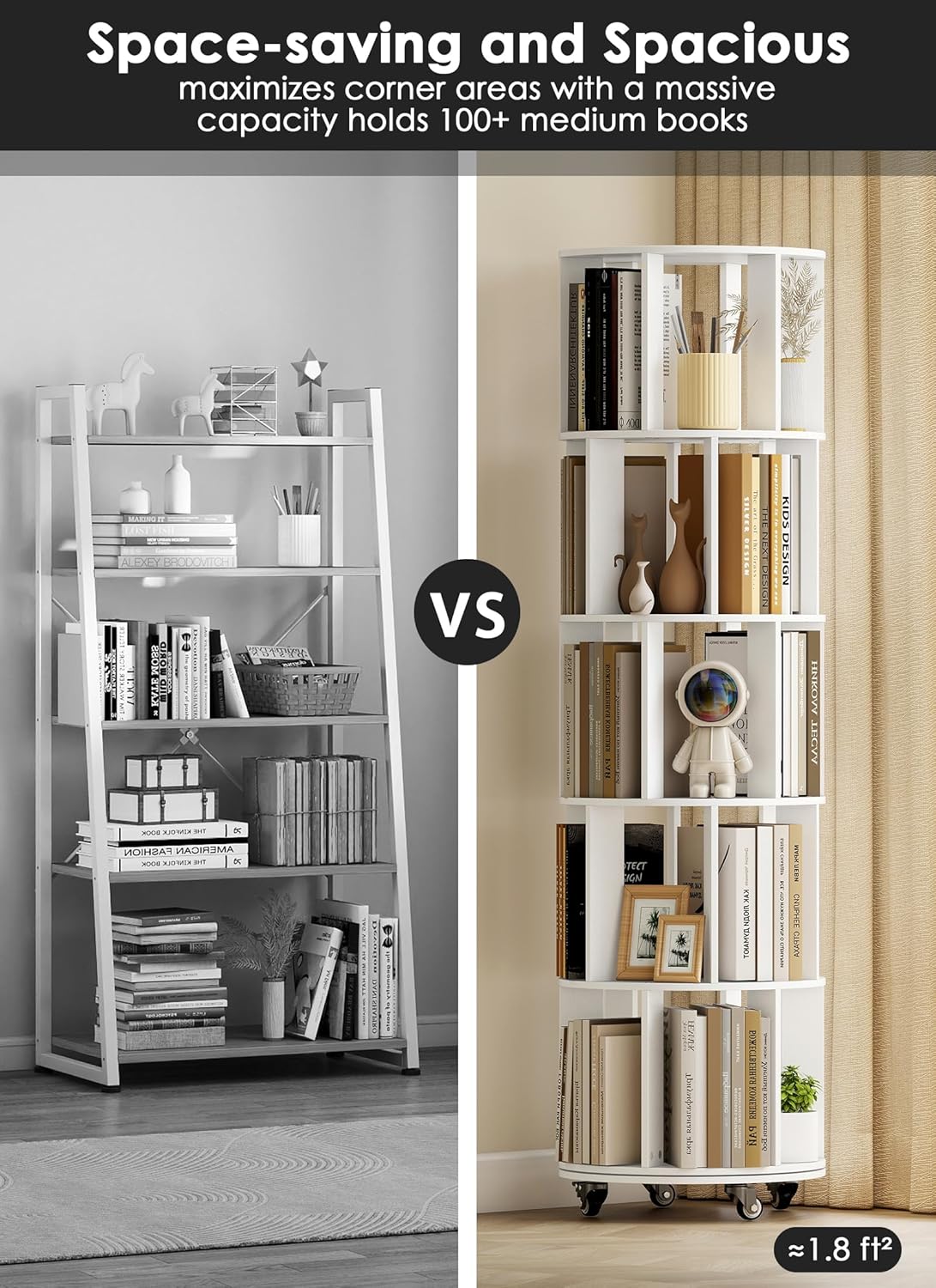 5 Tier 360° Rotating Bookshelf, Adjustable Small Space Bookcase on Wheels, Revolving Round Wood Bookshelves, Tall Narrow Storage Book Shelf Tower for Bedroom Office Kids Room (White)