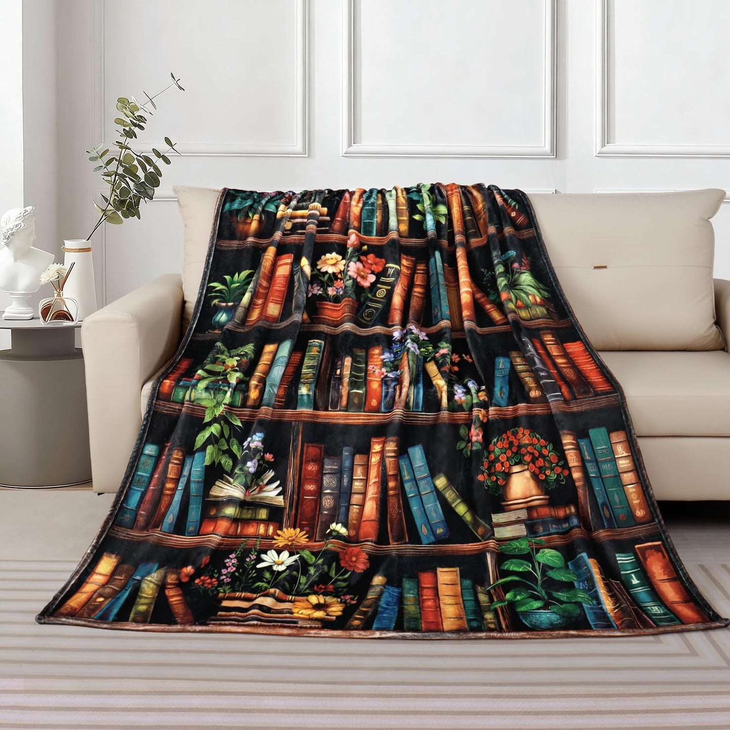 Bookshelf Throw Blanket Vintage Books Blanket for Book Lovers Reading Blankets for Readers Floral Fleece Throw Blanket Super Soft Warm Cozy Flannel Blankets for Couch Sofa Bed 50x60in