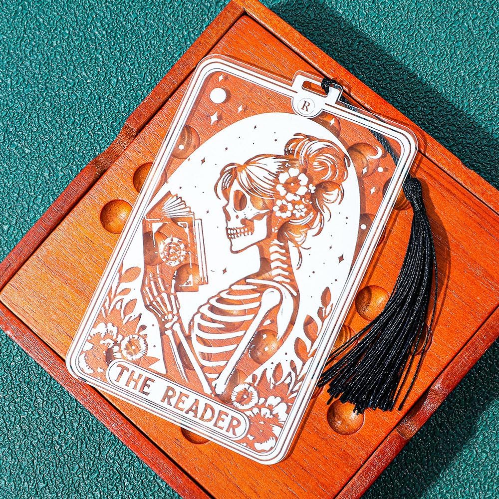 1Pc Translucent Gothic Skull Bookmarks for Women Readers - “Reader” Themed Acrylic Bookmark with Tassel for Nurses, Retirees, Men Gifts, Book Page Accessories, Reading Markers (Women Reader)