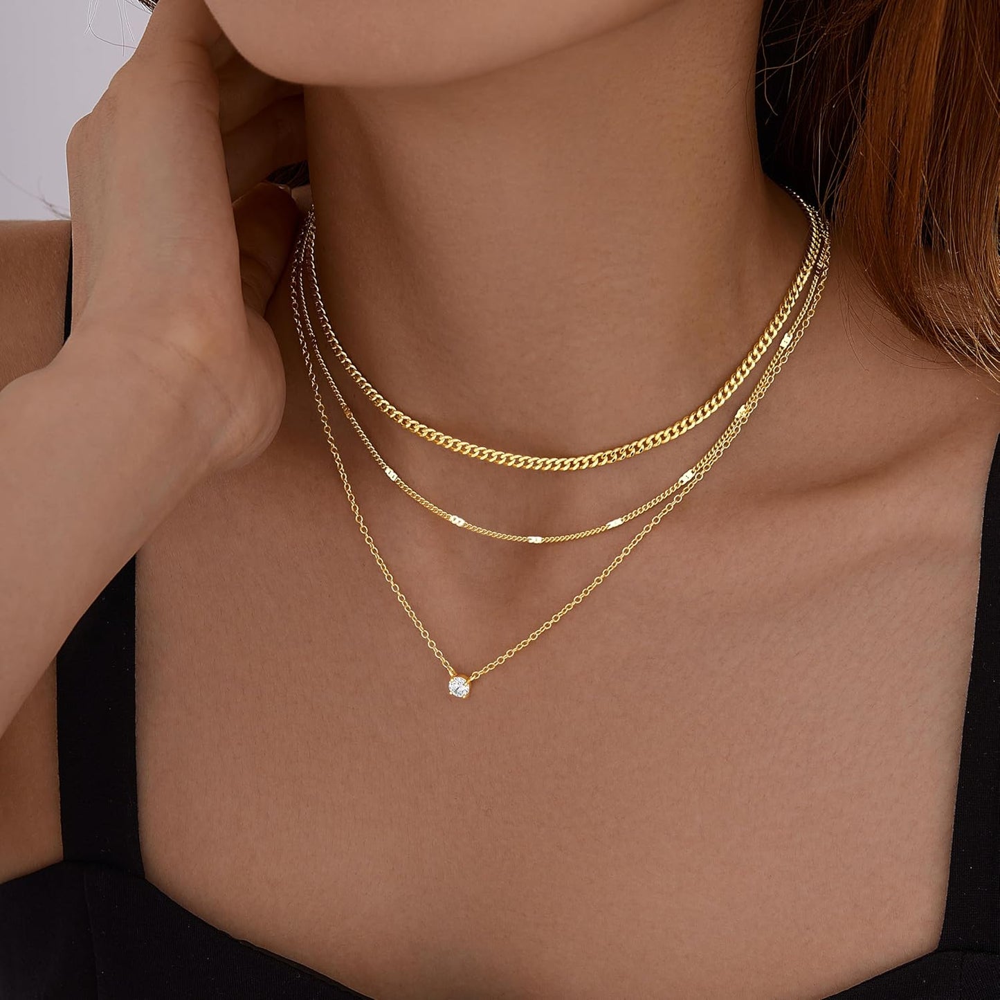 WomenGifts Layered Gold Necklaces for Women, 14K Gold Sterling Silver Plated Dainty Pendant Necklace Set with Cubic Zirconia Circle, Chunky Stackable Cuban Chain Choker, Trendy Personalized Birthstone Jewelry Gift Non Tarnish