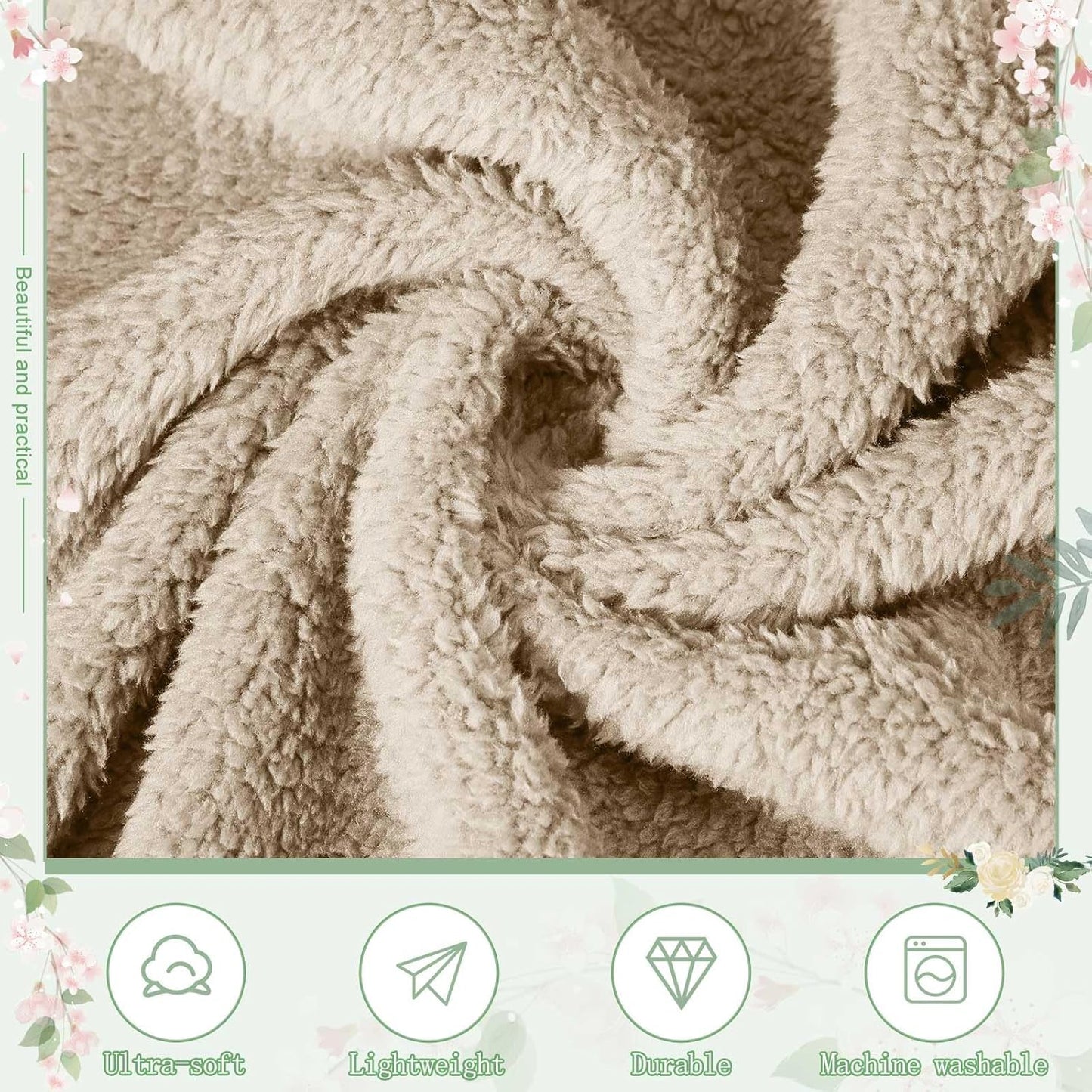 Tinideya 12Pcs 50 x 60'' Sherpa Fleece Throw Blanket Bulk with Thank You Cards and Ribbon Soft Sherpa Throw Warm Fleece Blankets for Wedding Gifts Bed Couch Sofa Season(Khaki)